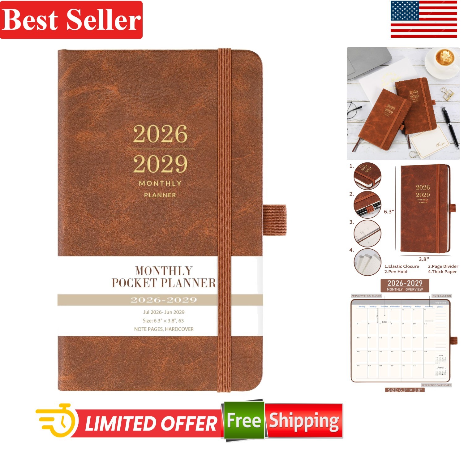 3 Monthly Pocket Planner Jul 2026 – Jun 2029 Faux Leather Cover 6.3×3.8