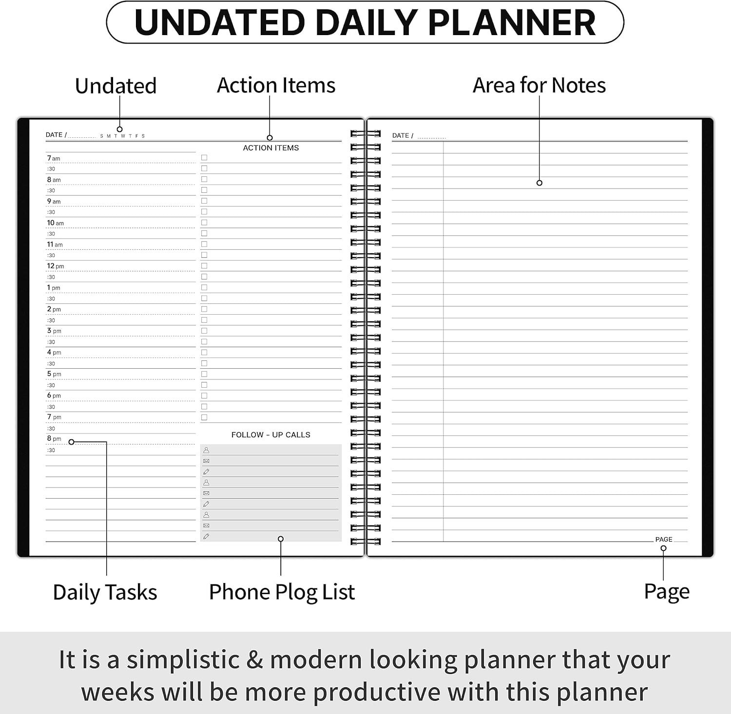 Daily Planner Undated – Spiral Appointment Planner, 208 Pages, 8.8″ X 11″, Daily