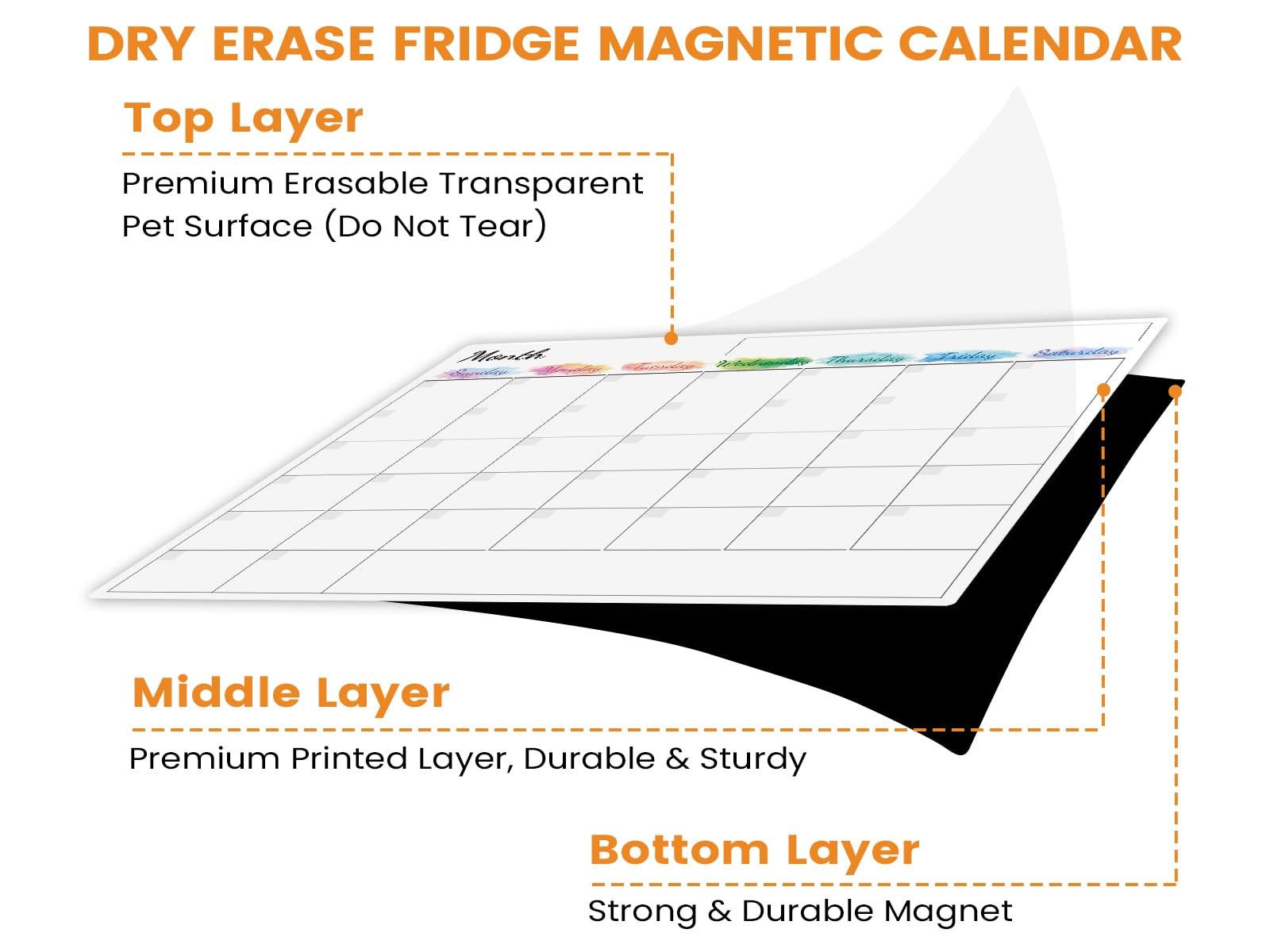 Dry Erase Magnetic Calendar for Refrigerator – 15″x 11.5″ 15″ x 11.5″, White