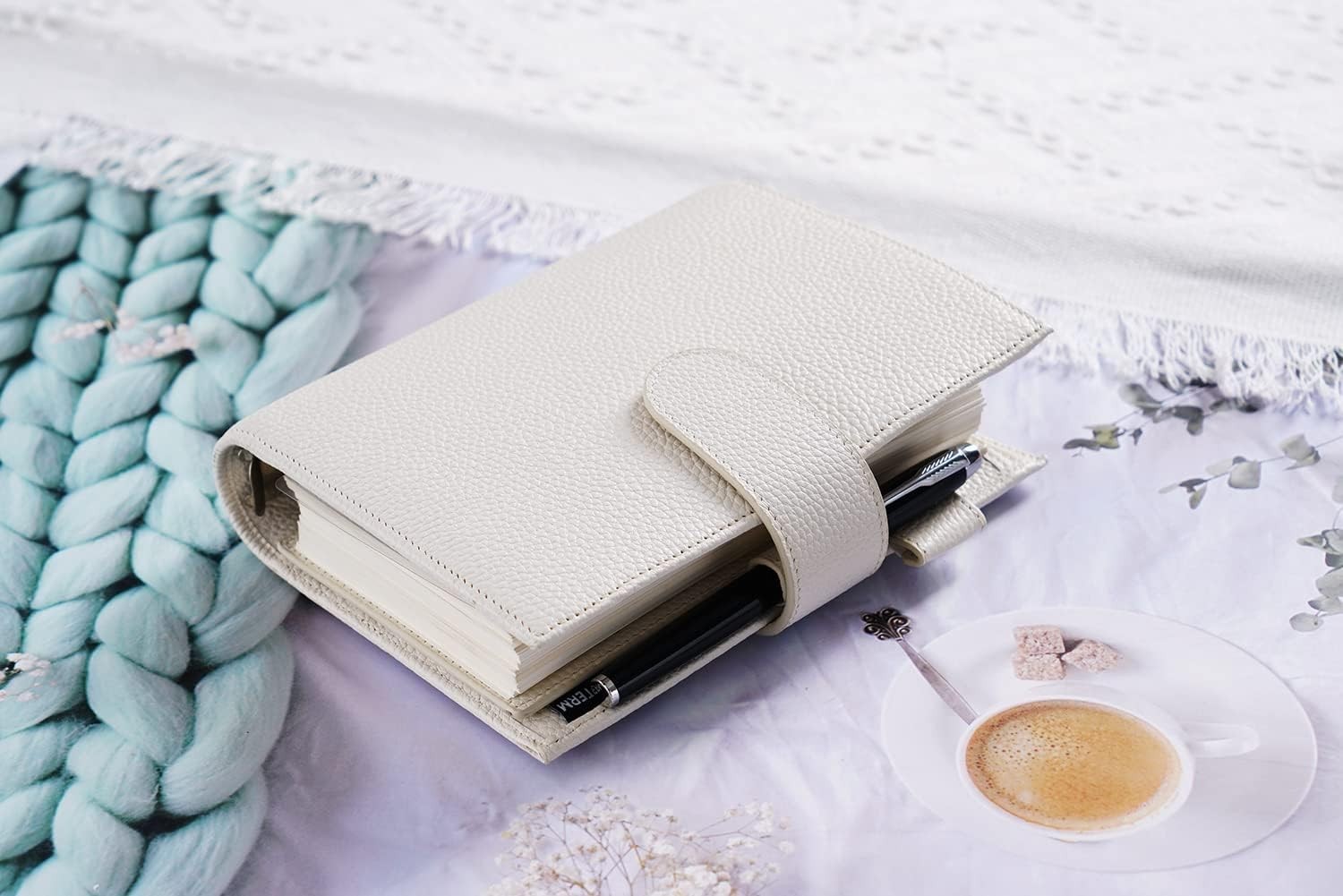 Leather Personal Planner Organizer 30mm Rings Undated Pebbled-Cream