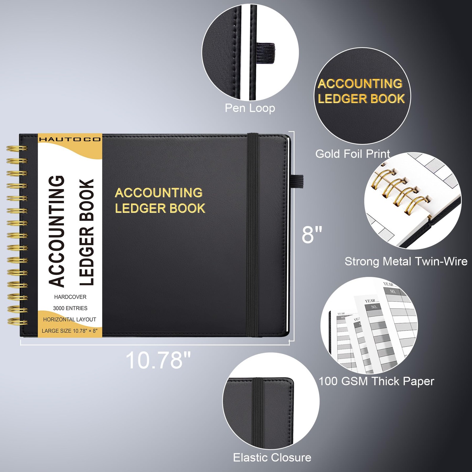 HAUTOCO Hardcover Accounting Ledger Book for Small Business Bookkeeping Black