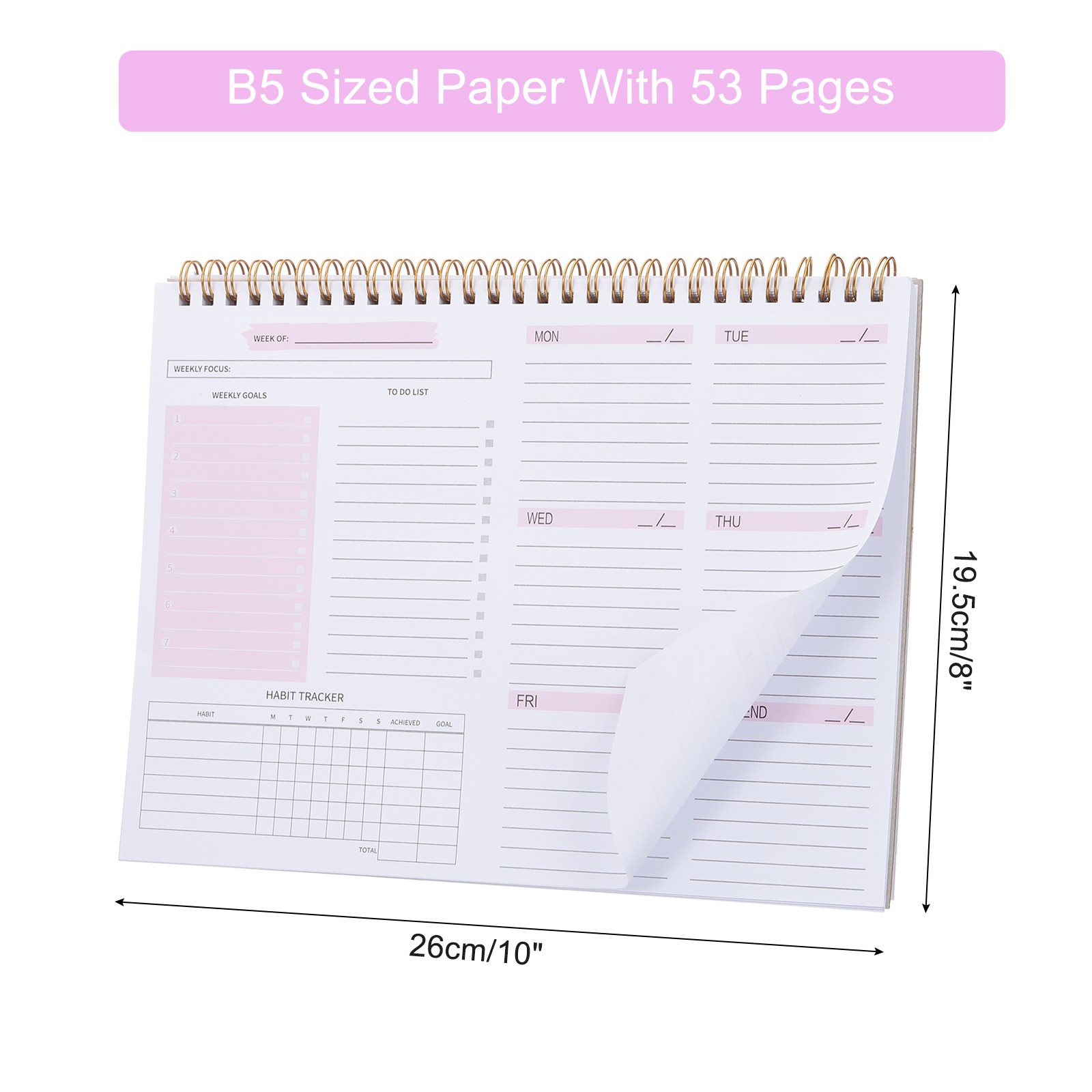 Weekly Goals Notebook, B5 10 x 8 Inches 53 Sheets to Do List Planner, Pink 1