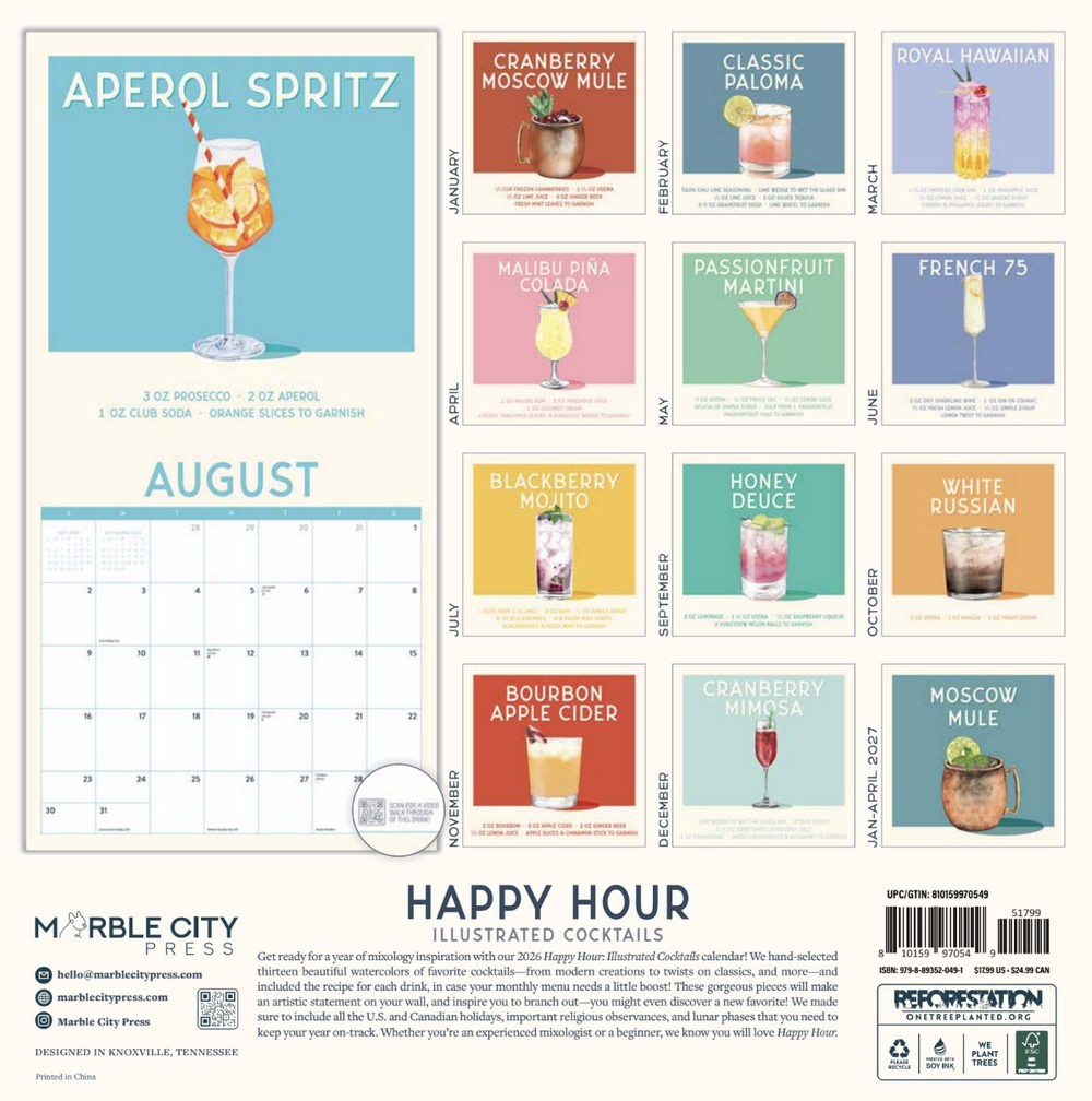 Cocktails Calendar 2026 | 12″ x 24″ 12 Month Calendar | Marble City Press