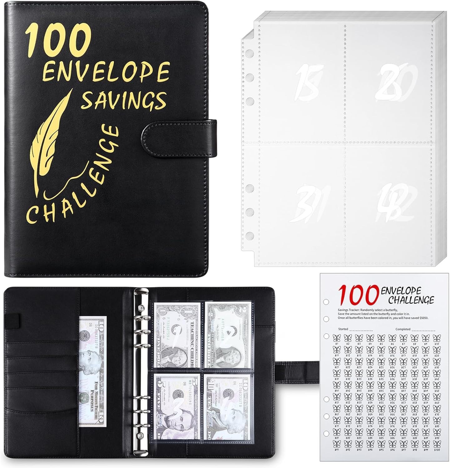100 Envelope Challenge Binder Black Money Saving Book 25 Sheets Saving Money