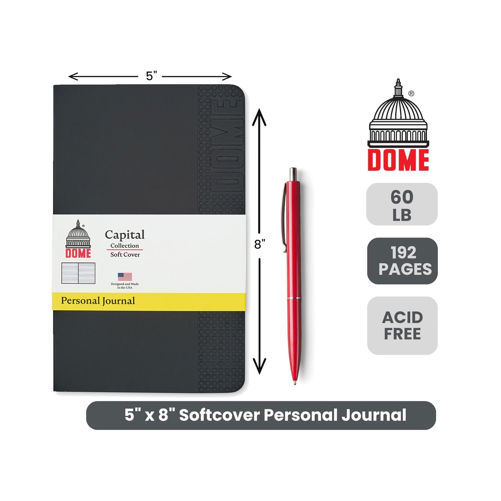 DOME Personal Journal – 5 x 8 Inch Softcover Lined Notebook, Black