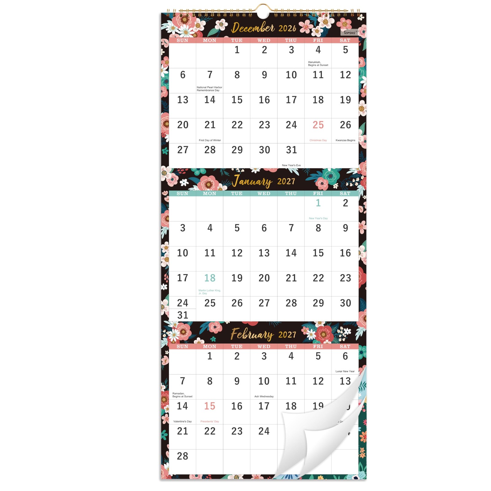 2027 Wall Calendar – 3-Month Display Vertical Calendar, 2027 11″ x 26″, Black