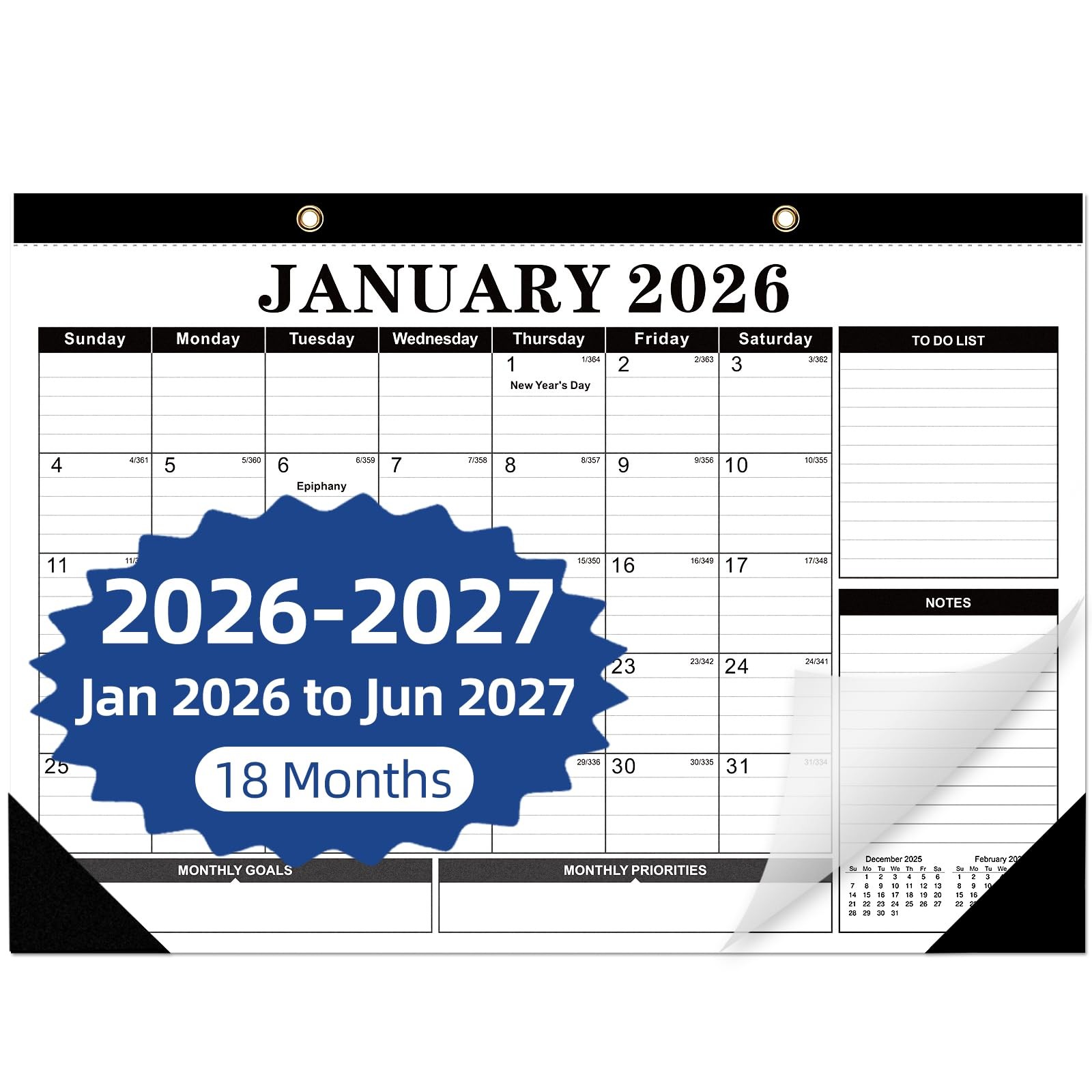 Tcamp 2026 Calendar, Desk Calendar 17″x12″(Jan 2026-Jun 2027), Black+White