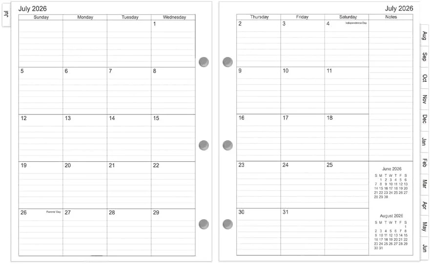 2026-2027 Monthly Planner Refill, Jul 2026 to Jun 2027, Two Pages Per Month, Let