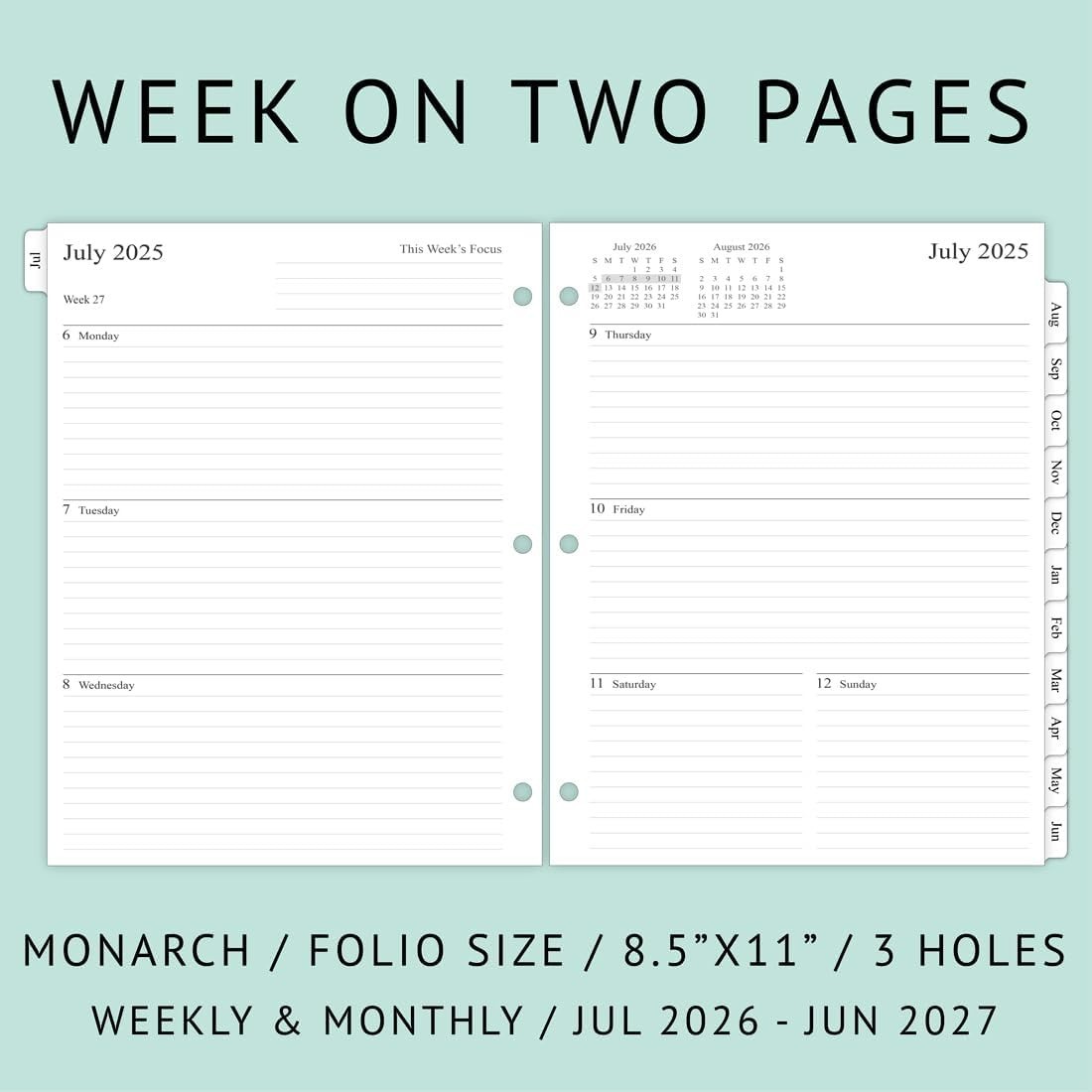 2026-2027 Weekly Planner Refills with Monthly Tabs for 3-Ring Binders – 8.5×11