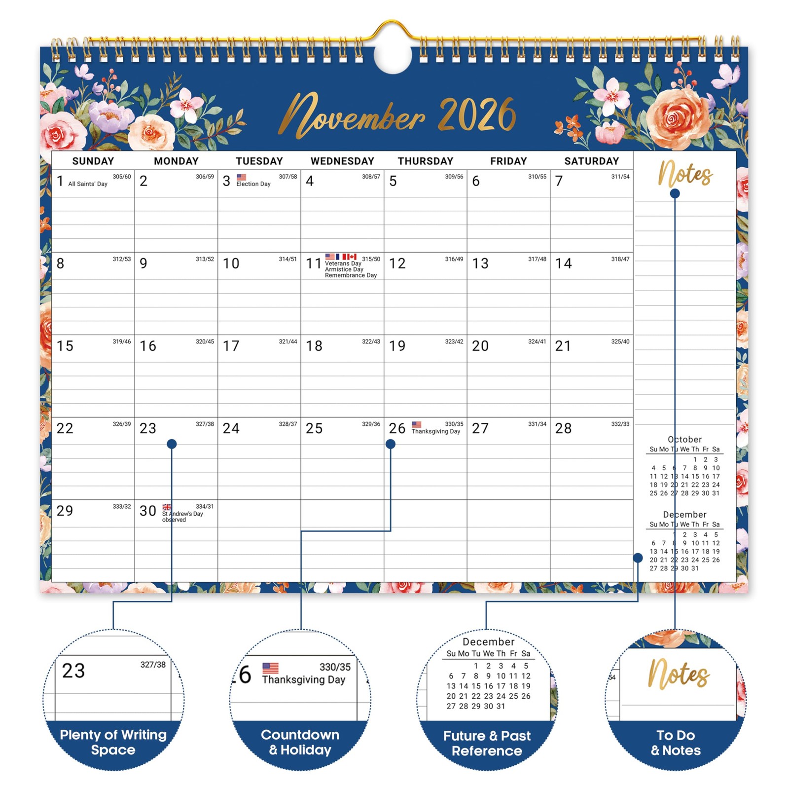 Calendar 2026-2027, Monthly Wall New(Apr 2026–Dec 2027), a-Floral