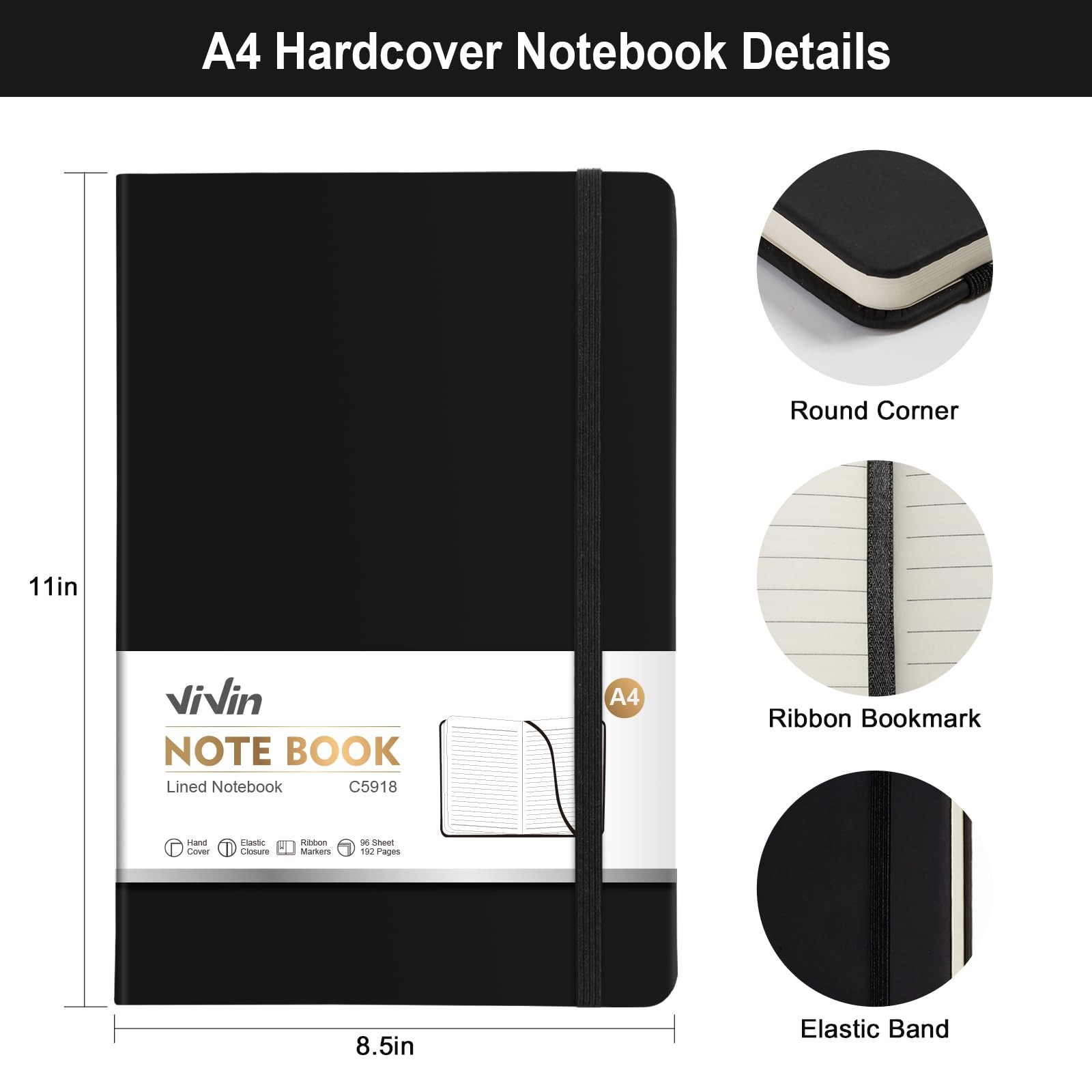 ViVin A4 College Ruled Notebook for Work, 8.5″ x 11″ Leather A4, Black