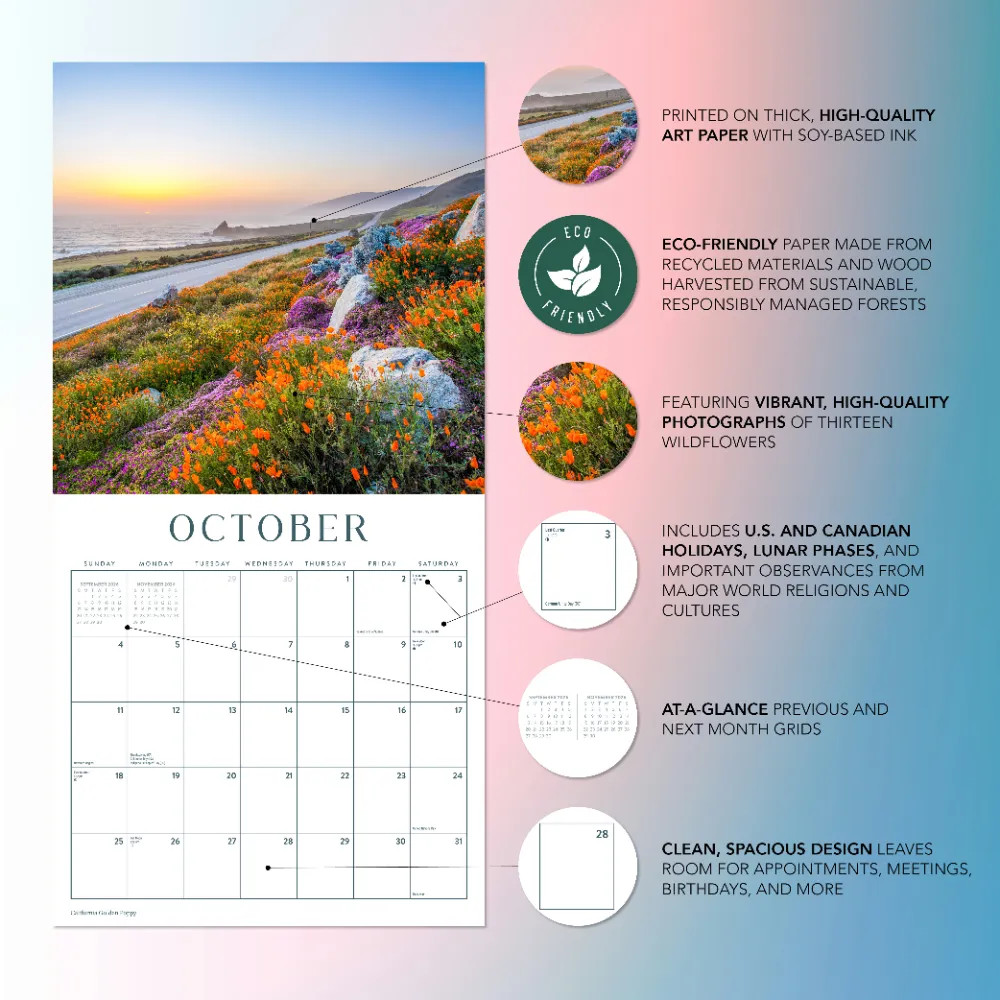 Wildflowers Calendar 2026 | 12″ x 24″ 12 Month Calendar | Marble City Press