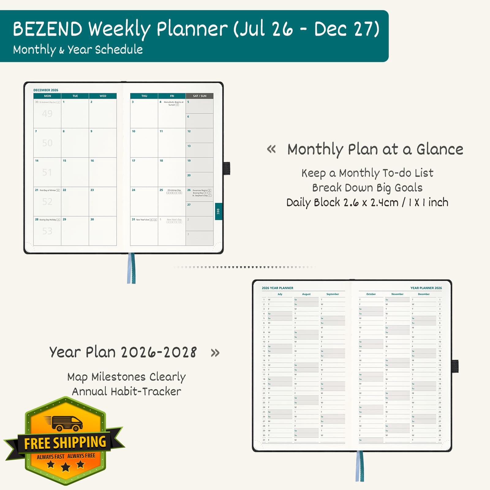 BEZEND Black Pocket Planner 3.5″x6″ Jul 26-Dec 27