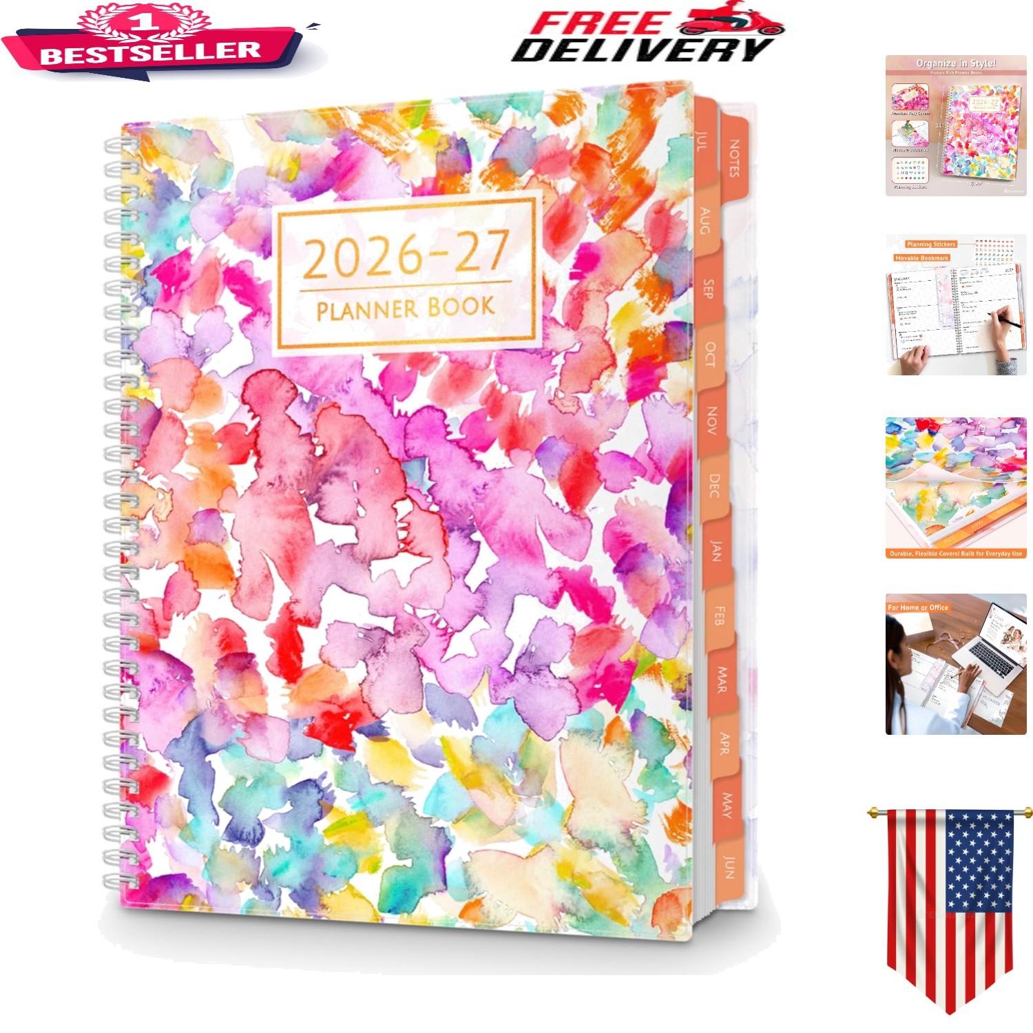 Spacious Watercolor Planner 2026-2027 – 8.5×11, Perfect for School & Office
