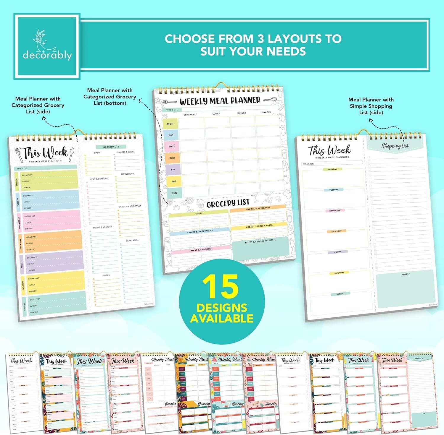 Pastel Rainbow Undated Weekly Meal Planner Notepad with Grocery List, 52 Sheets