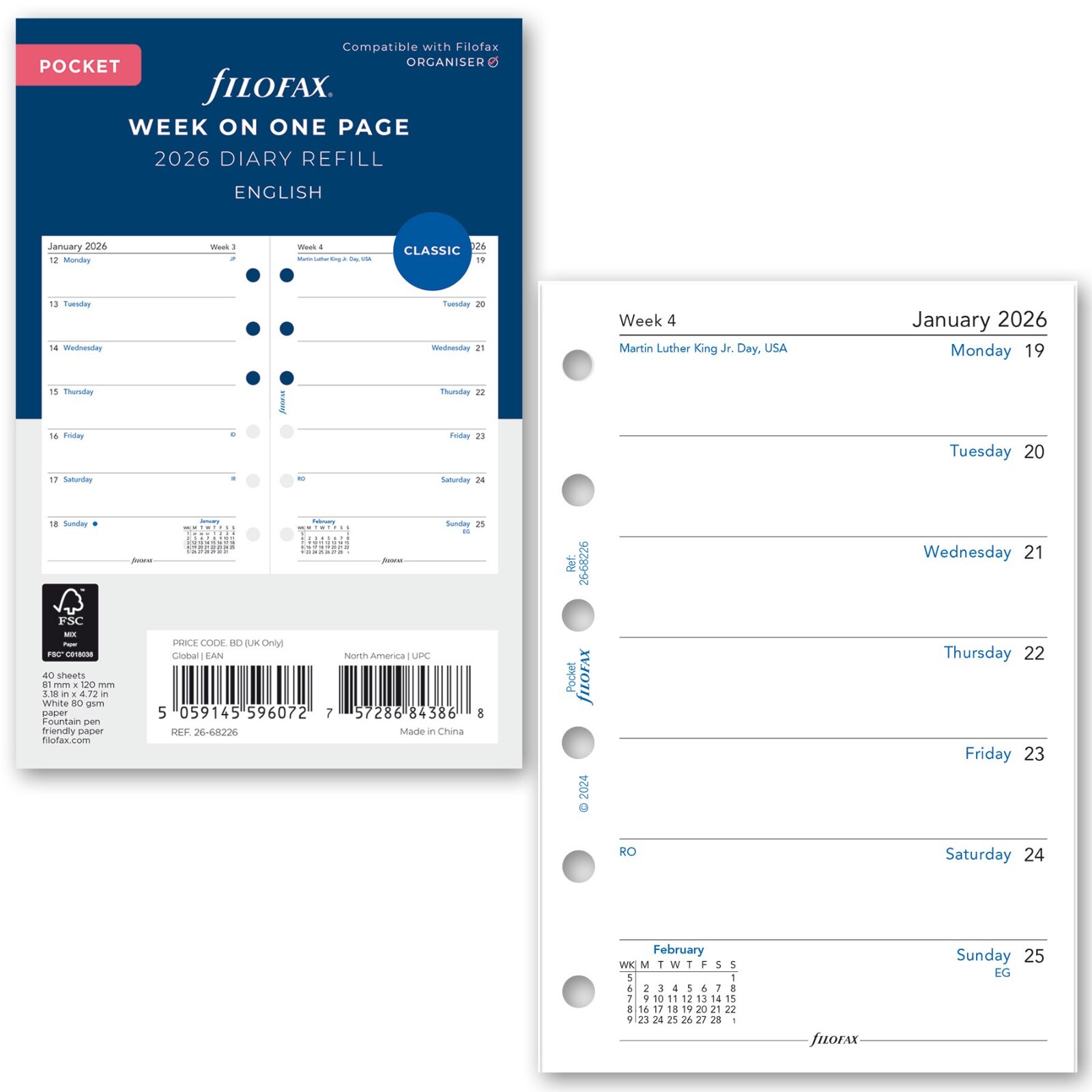 2026 Filofax Pocket Size Refill 26-68226, Week on One Page, 81mm x 120mm