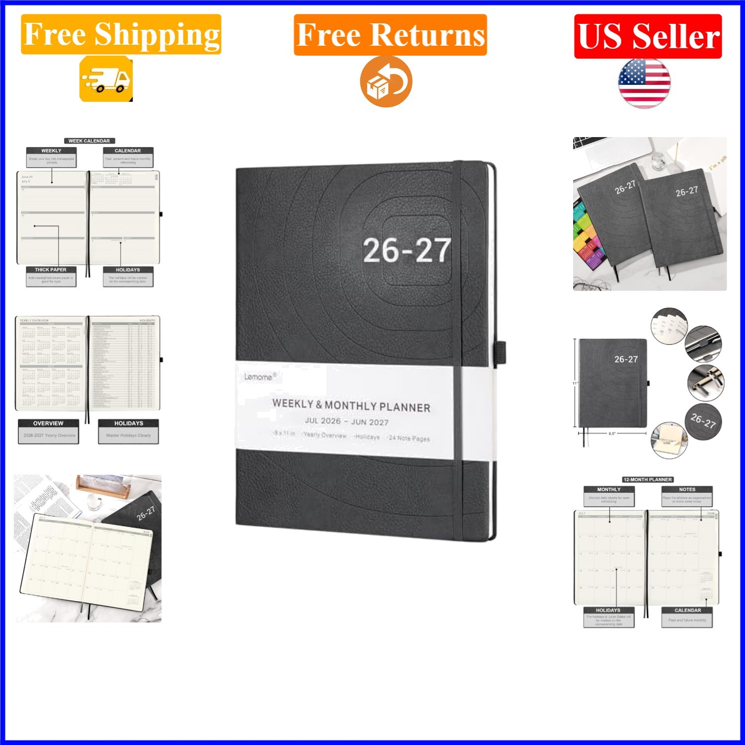 2026-2027 Grey Faux Leather Weekly & Monthly Planner with Pen Loop, 8.5X11
