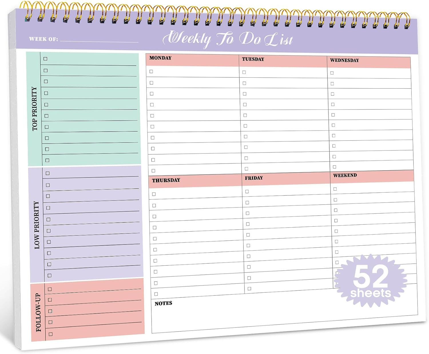 Weekly to Do List Notepad with 52 Undated Sheets（8.5″×11″）- Weekly Desk Planner
