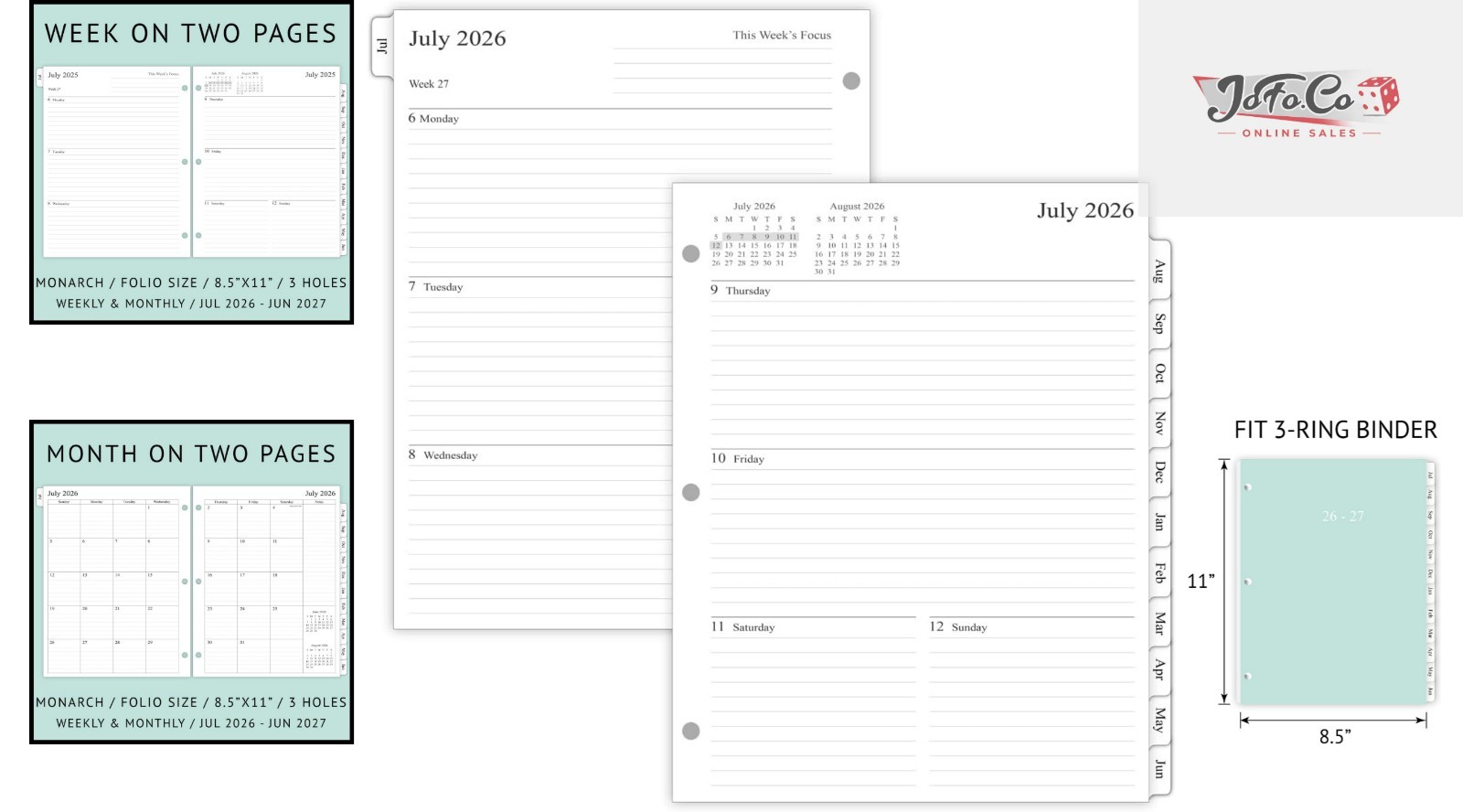 2026-2027 Weekly Planner Refills with Monthly Tabs for 3-Ring Binders – 8.5×11