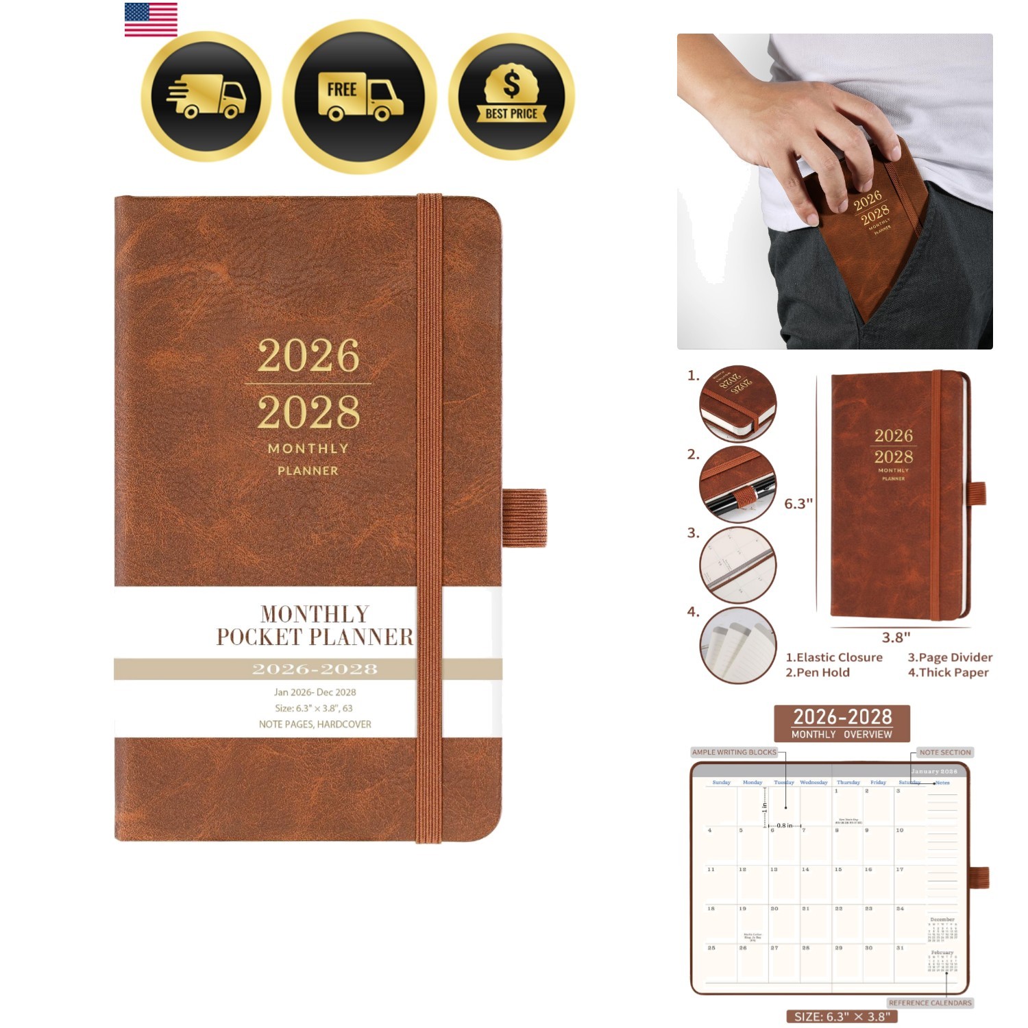 3 Pocket Planner Calendar 2026 2028 Monthly Faux Leather Cover