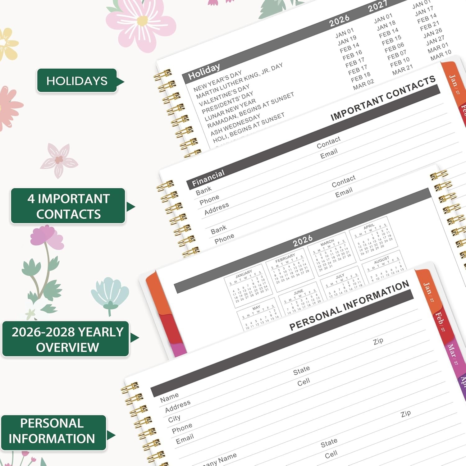 2026-2027 Monthly Calendar – 9″ x 11″ with Colorful Tabs and Back Pocket