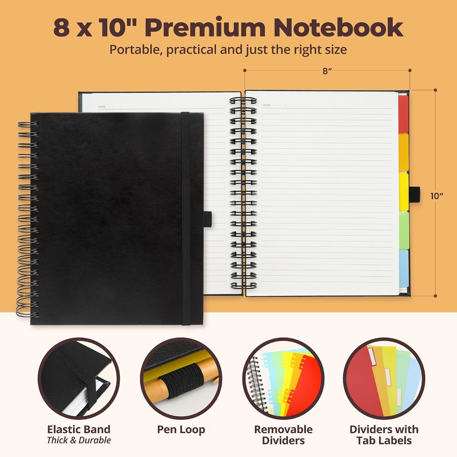 Hardcover Leather Lined Spiral Notebook 8×10″ with Removable Dividers – Black –
