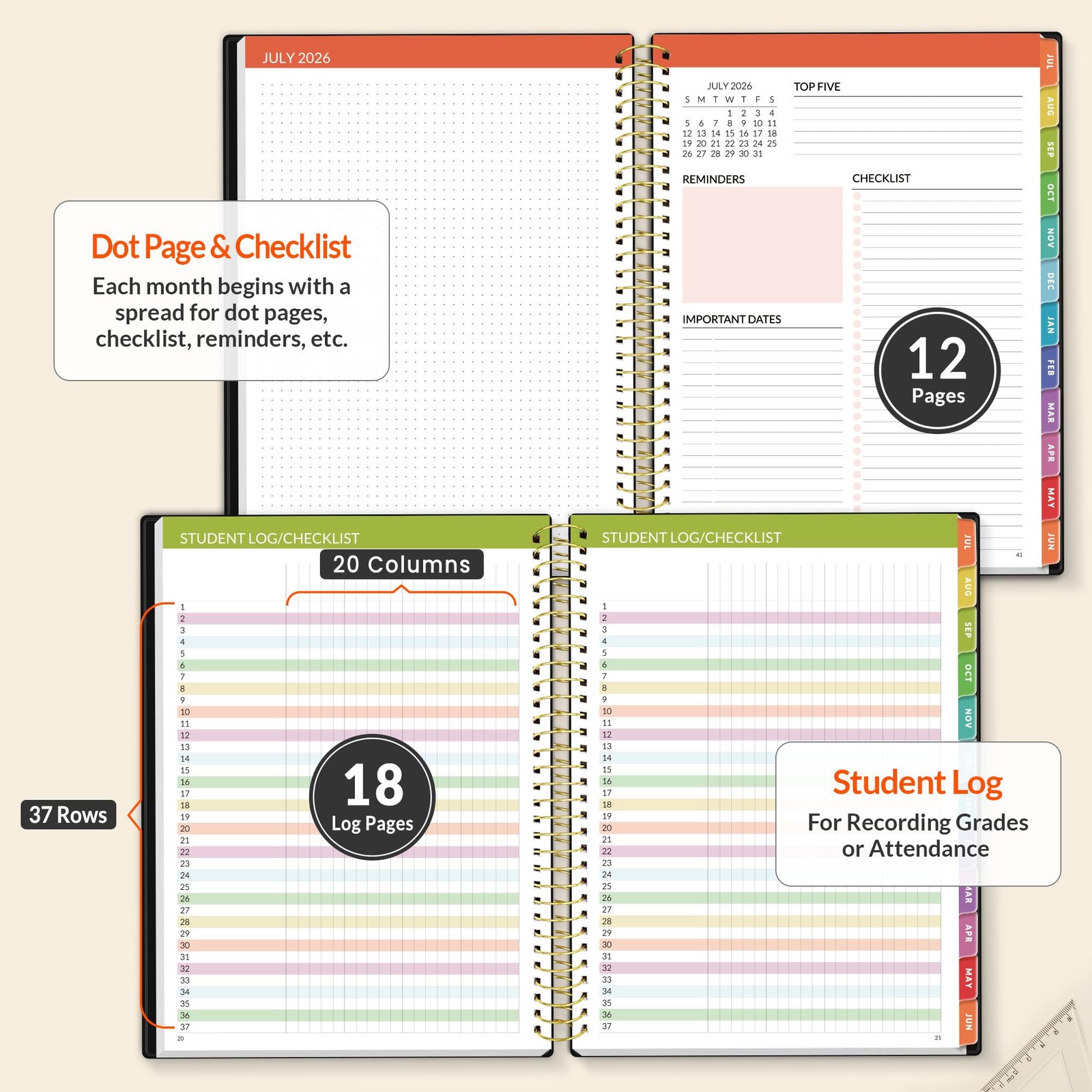 SUNEE Deluxe Teacher Planner 2026-2027, Lesson Book Letter, Black