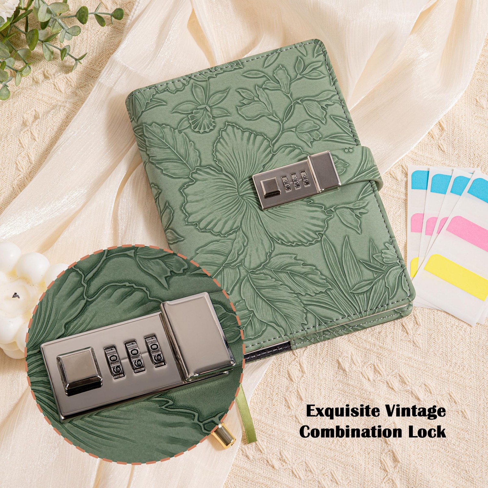 TIEFOSSI Diary with Lock for Women, 3D Embossed Journal Lock, A5, Green