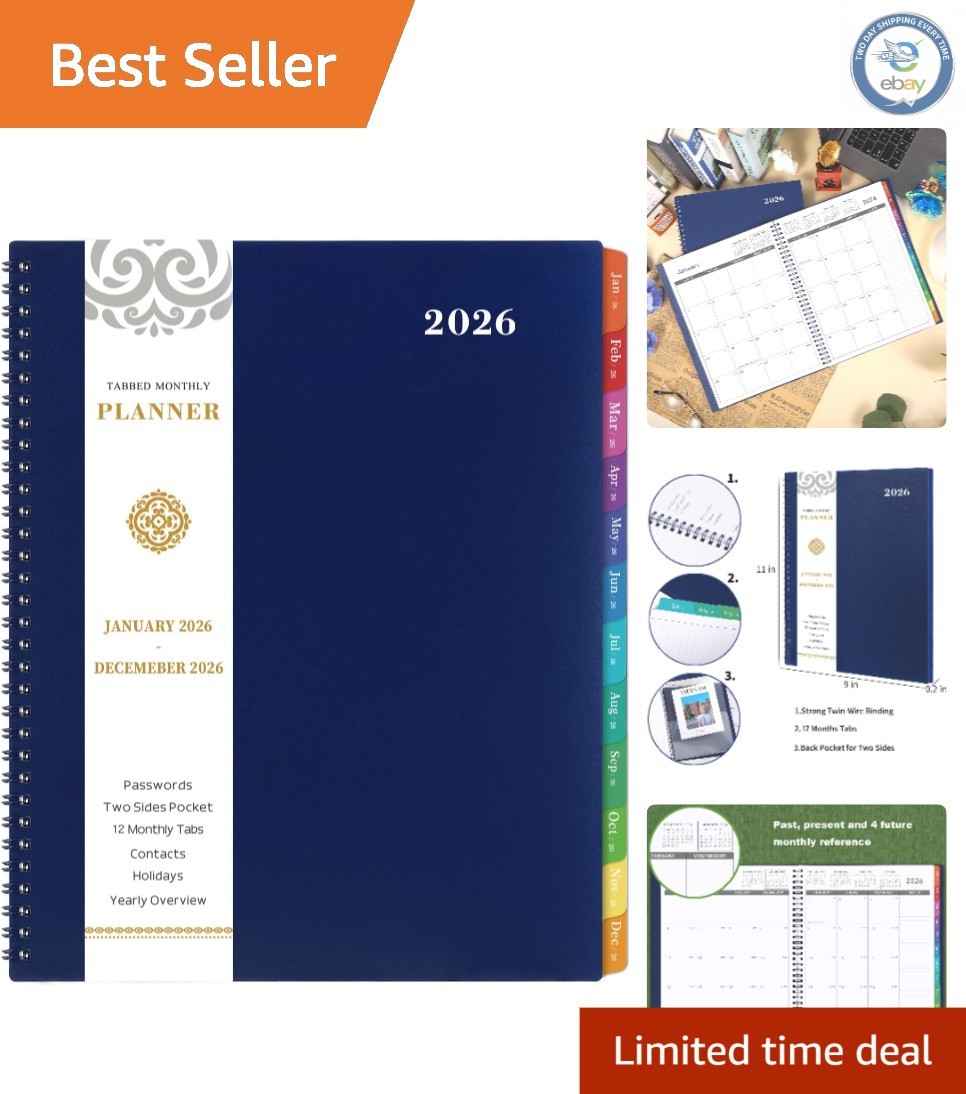 Stylish 2026 Monthly Planner – Twin-Wire Binding, Contacts & Passwords – Navy
