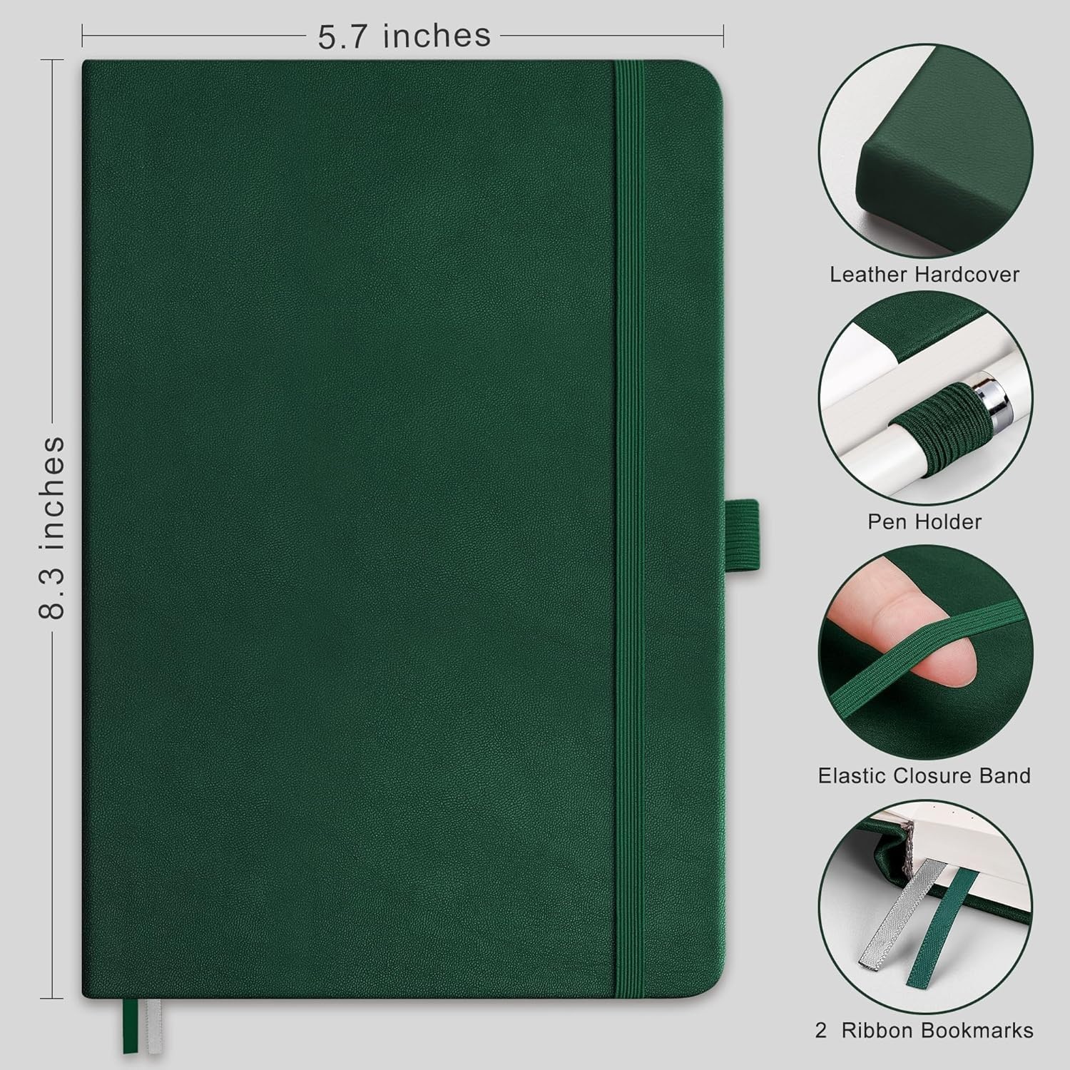 RETTACY Lined Journal Notebook, 192 Numbered Pages, 5.7″ × 8.3″, Dark Green