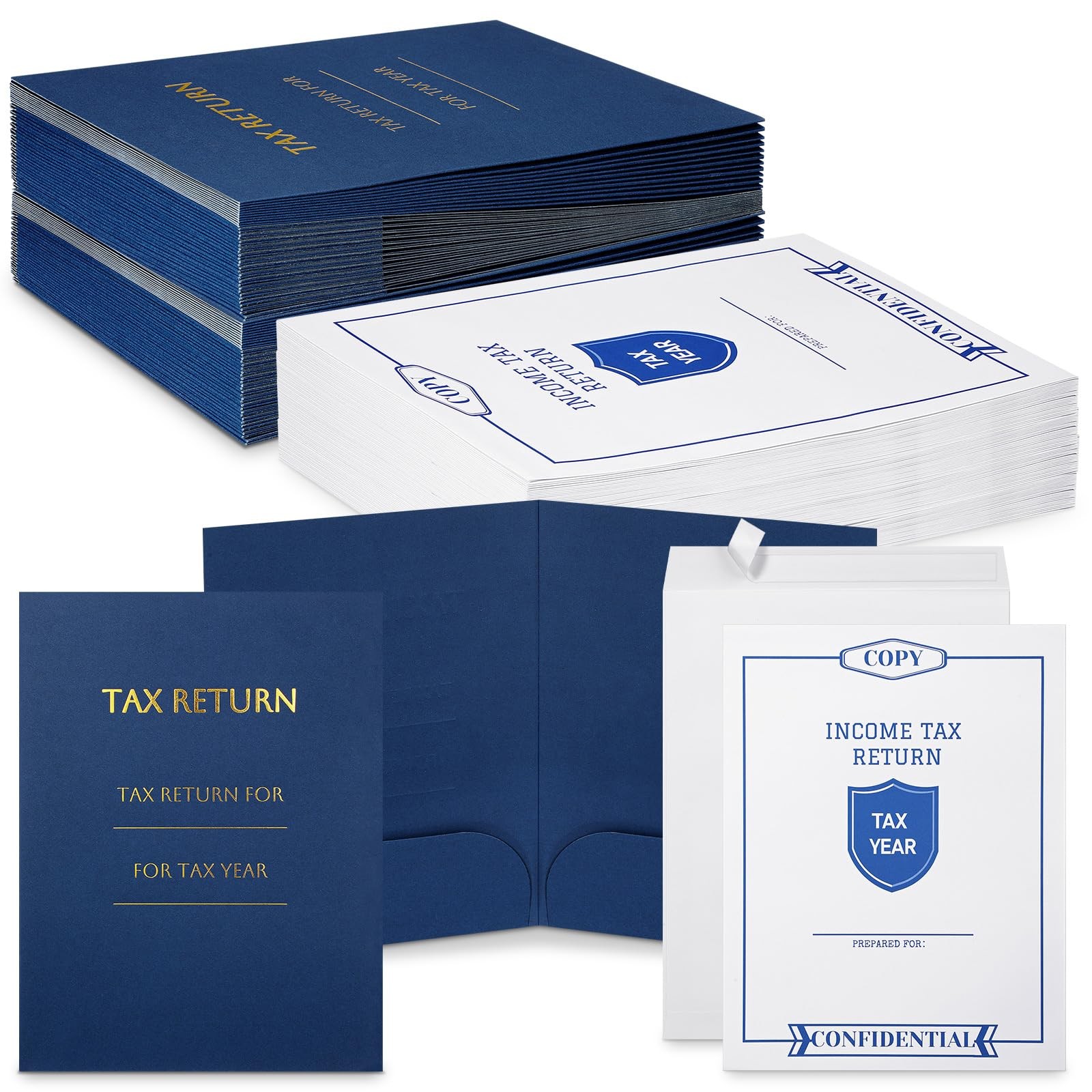 50 PCS Tax Return Envelopes Folders Set White Open End 2 Pocket Blue