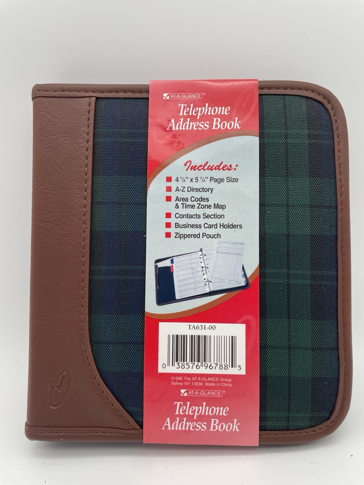 Vintage AT-A-GLANCE Address Book Bifold TA631-00 Navy Green Plaid Faux Leather