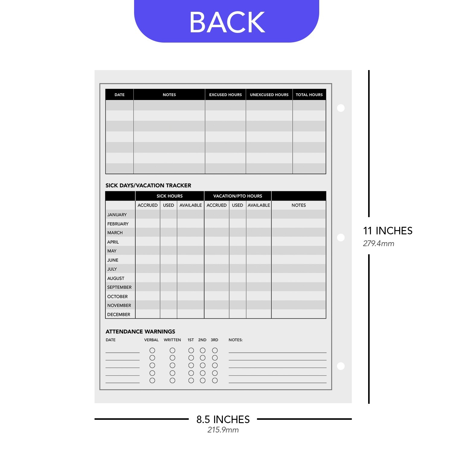 2026 Attendance Calendar Cardstock, Employee Work Tracker, 8.5 x 11, 25 Qty