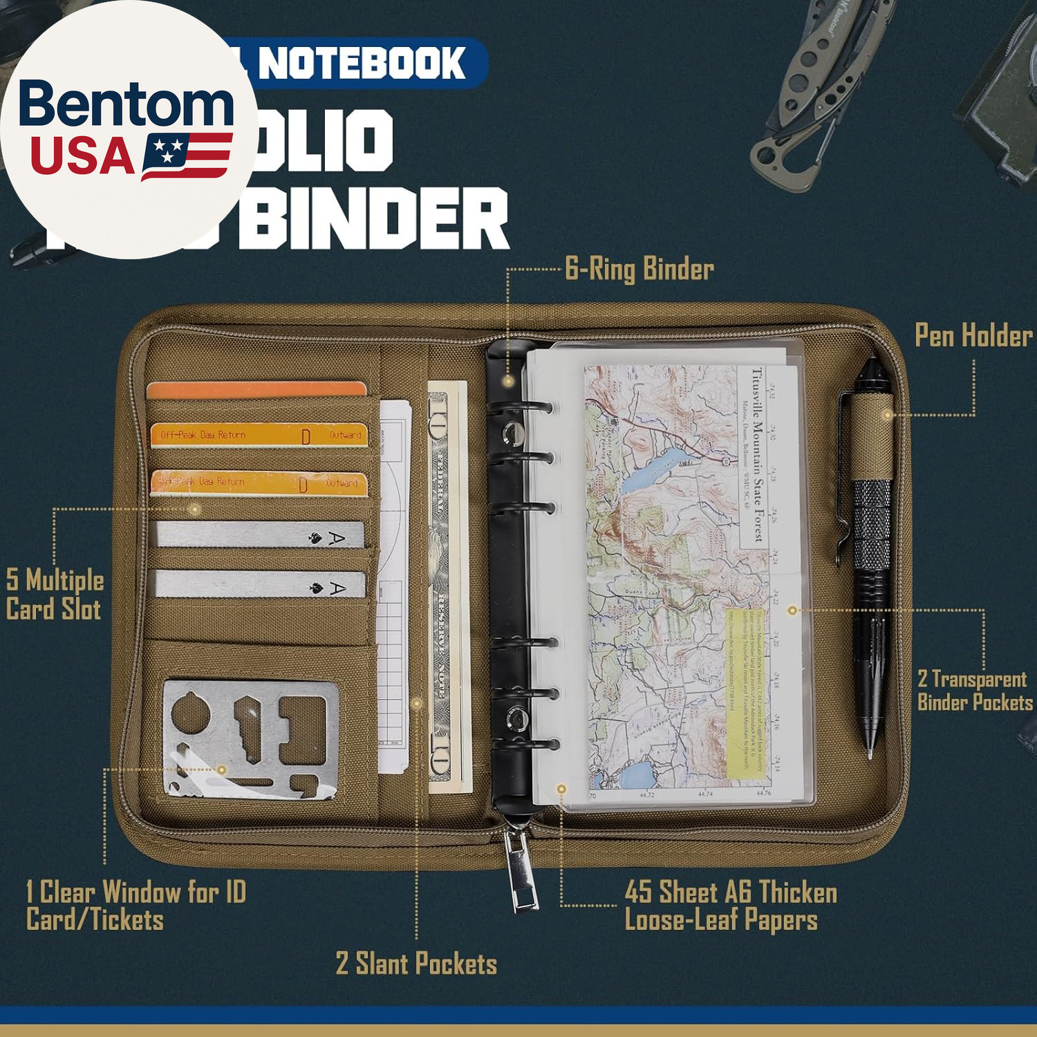 Tactical Notebook Padfolio Ring Binder – Refillable 6-Ring A6 Binder, Zip Hardco