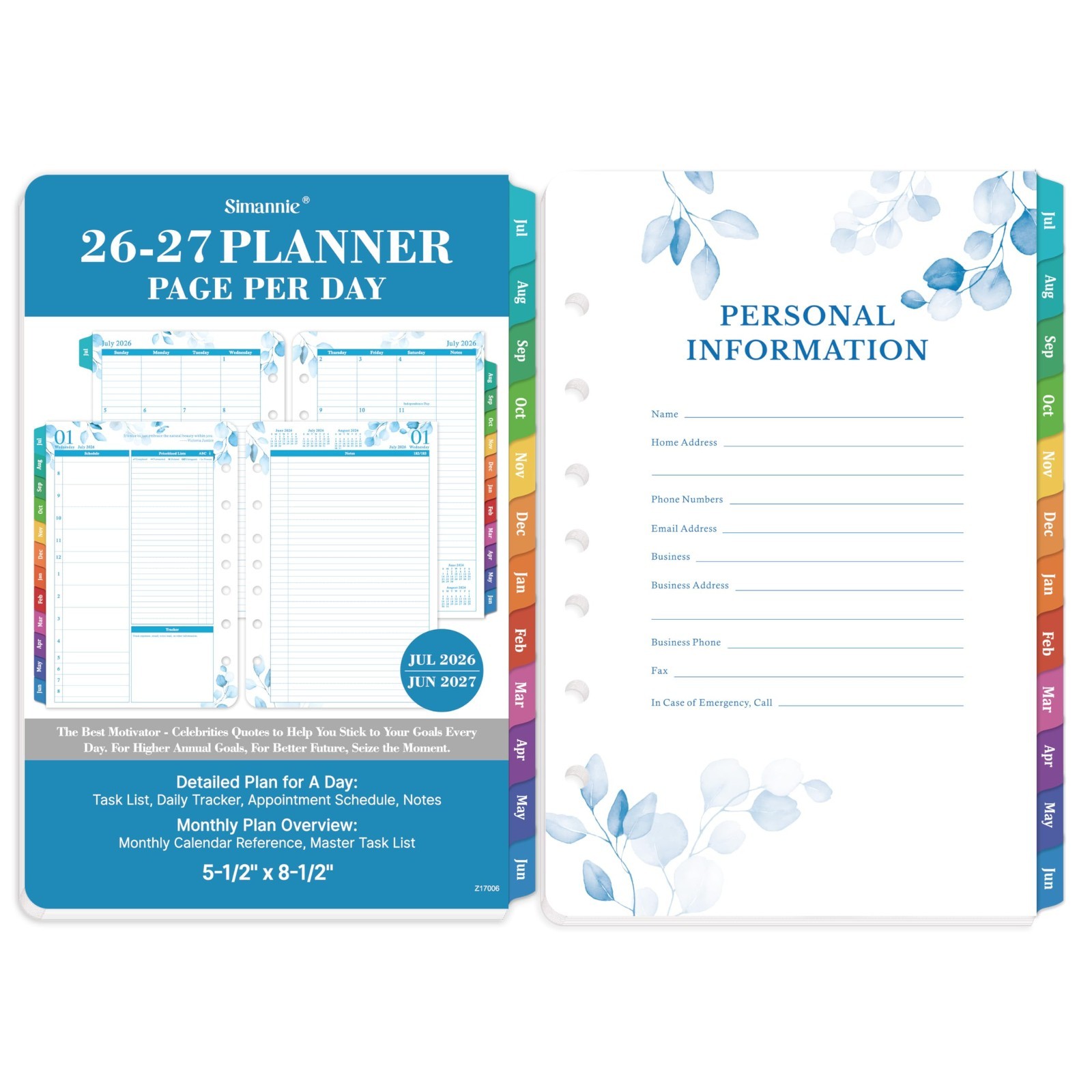 Daily Planner Refills 2026-2027, Two Pages Per Day, Monthly Inserts, 8.38″x5.51