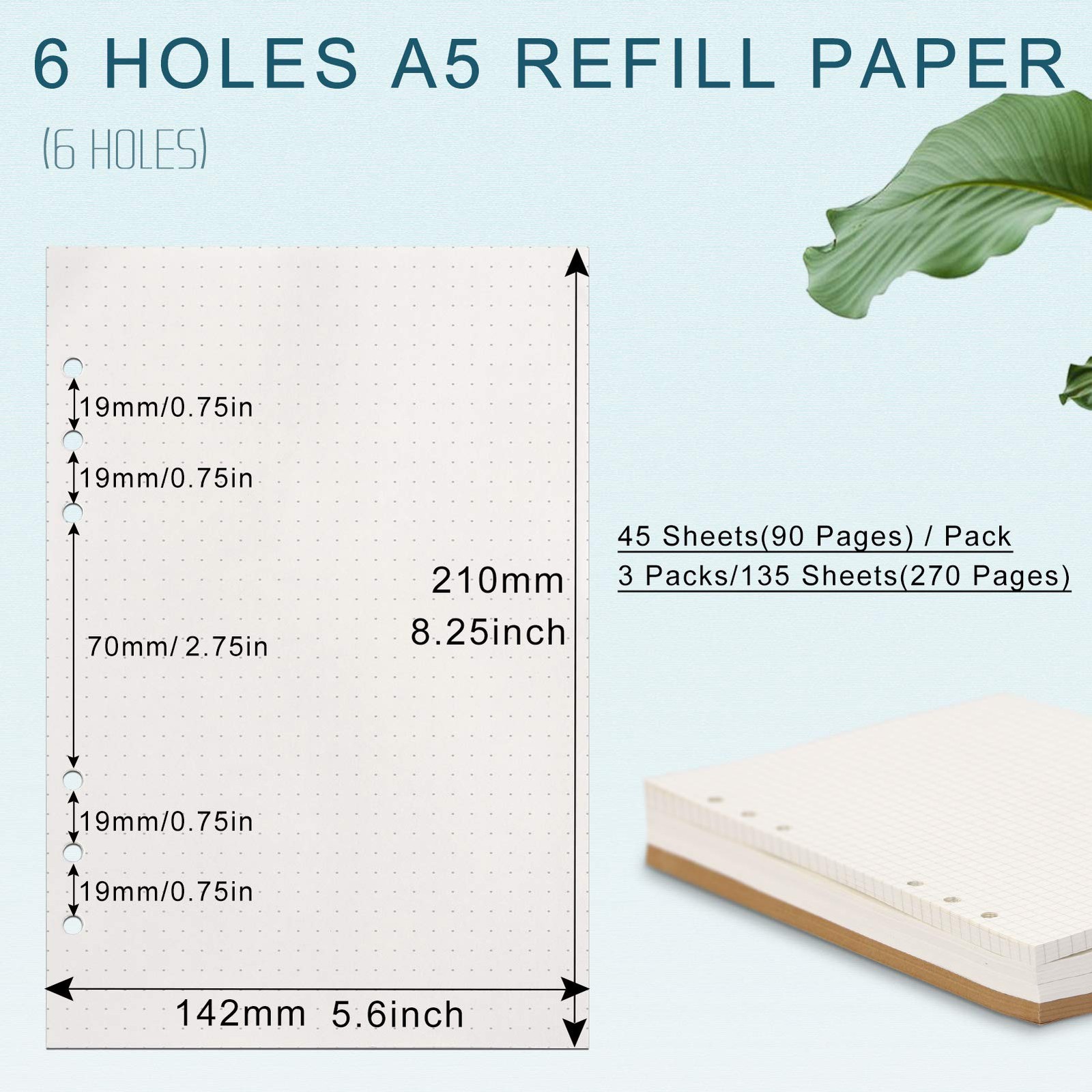 Toplive [3 Pack] A5 Refill Paper – 100GSM Thick 6 Hole 3 Pack, Dot