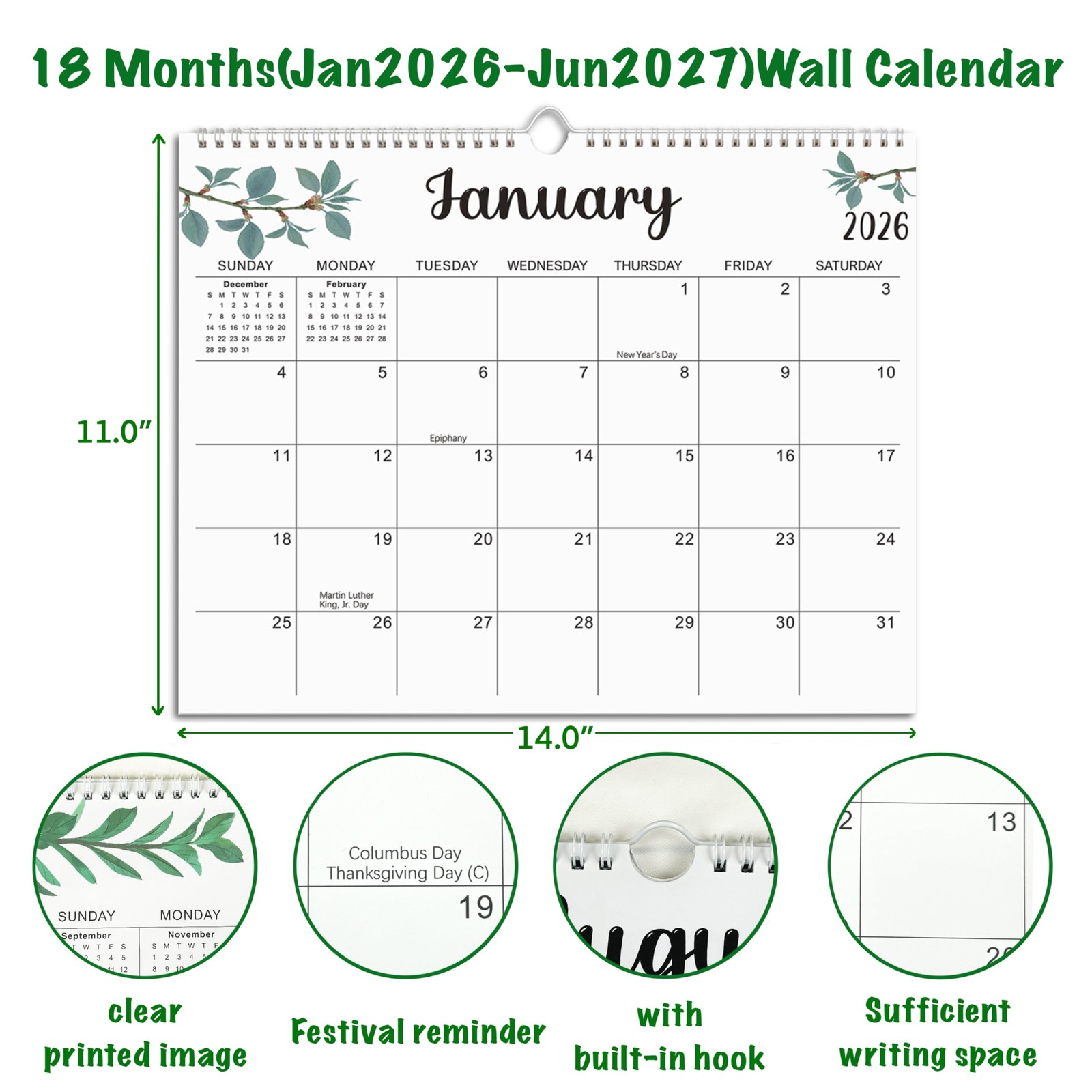 DeBiao 2026 Wall Calendar – 18 Months 2026-2027, Jan 2026 11″ x 14″