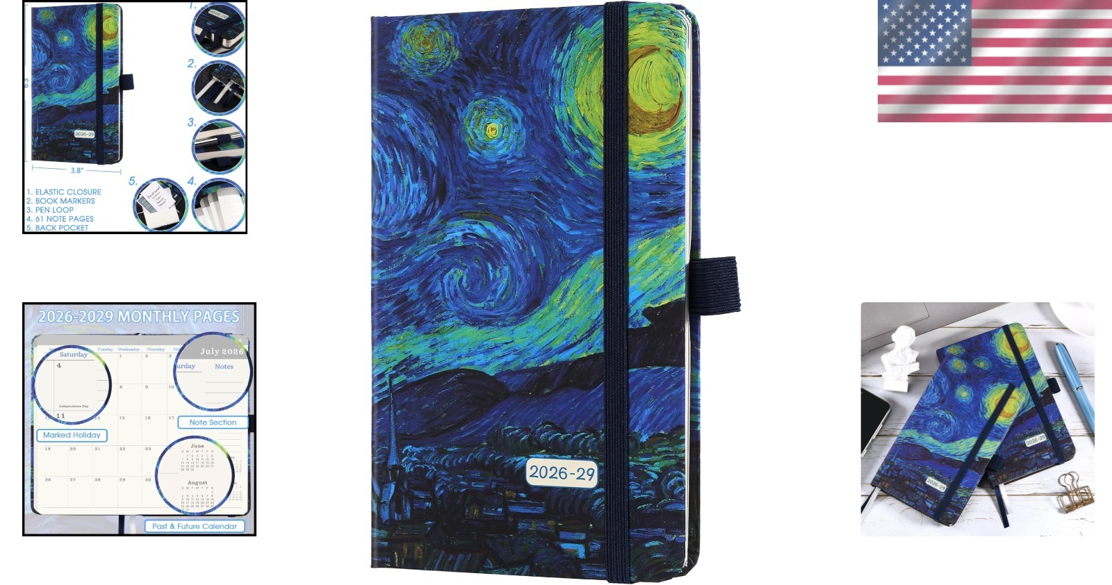 2026-2029 Pocket Planner: Elegant 3- Calendar with Note Pages & Pen Holder