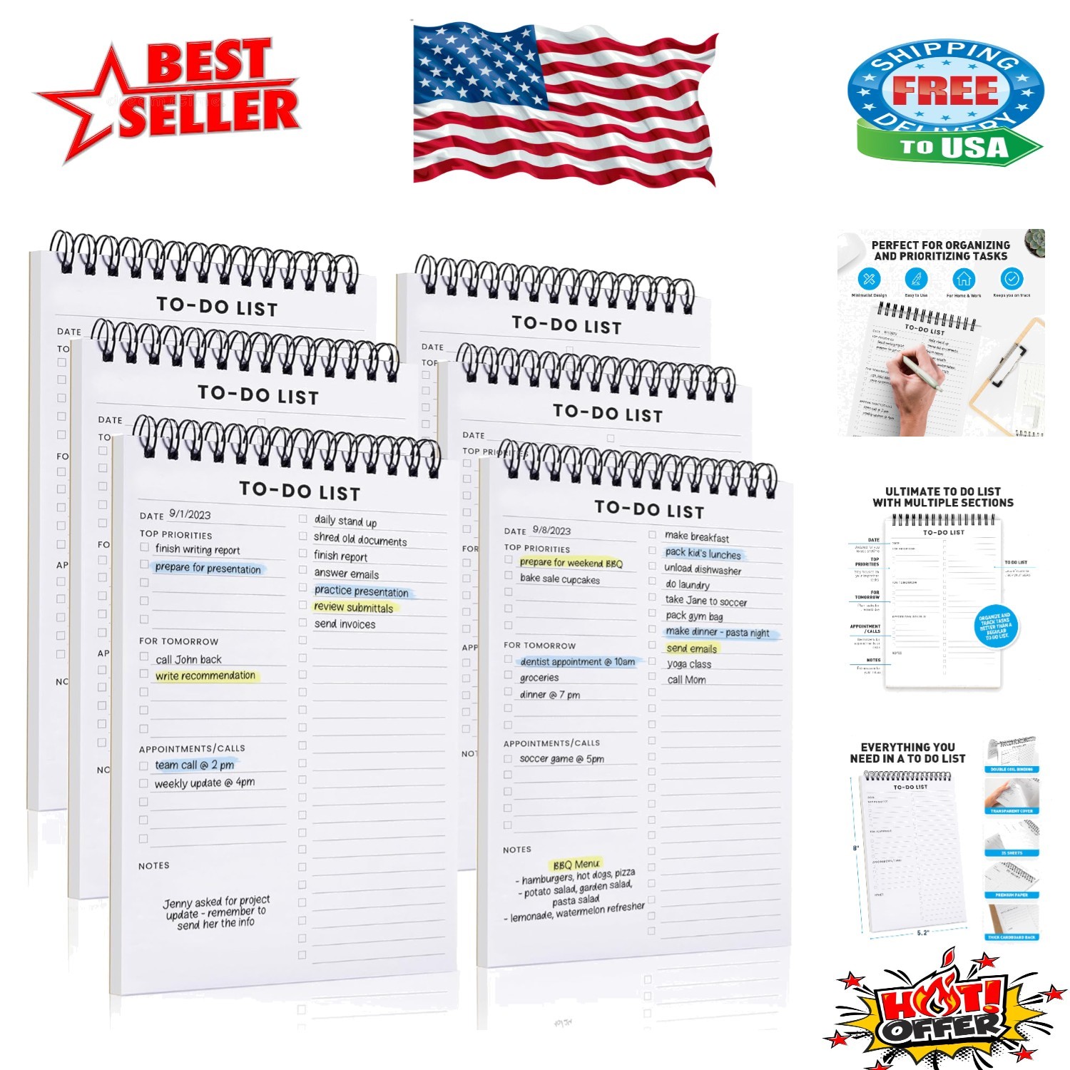 6 Pack To Do List Notepad – Spiral Daily Planner with 35 Ruled Sheets, 5.2×8″