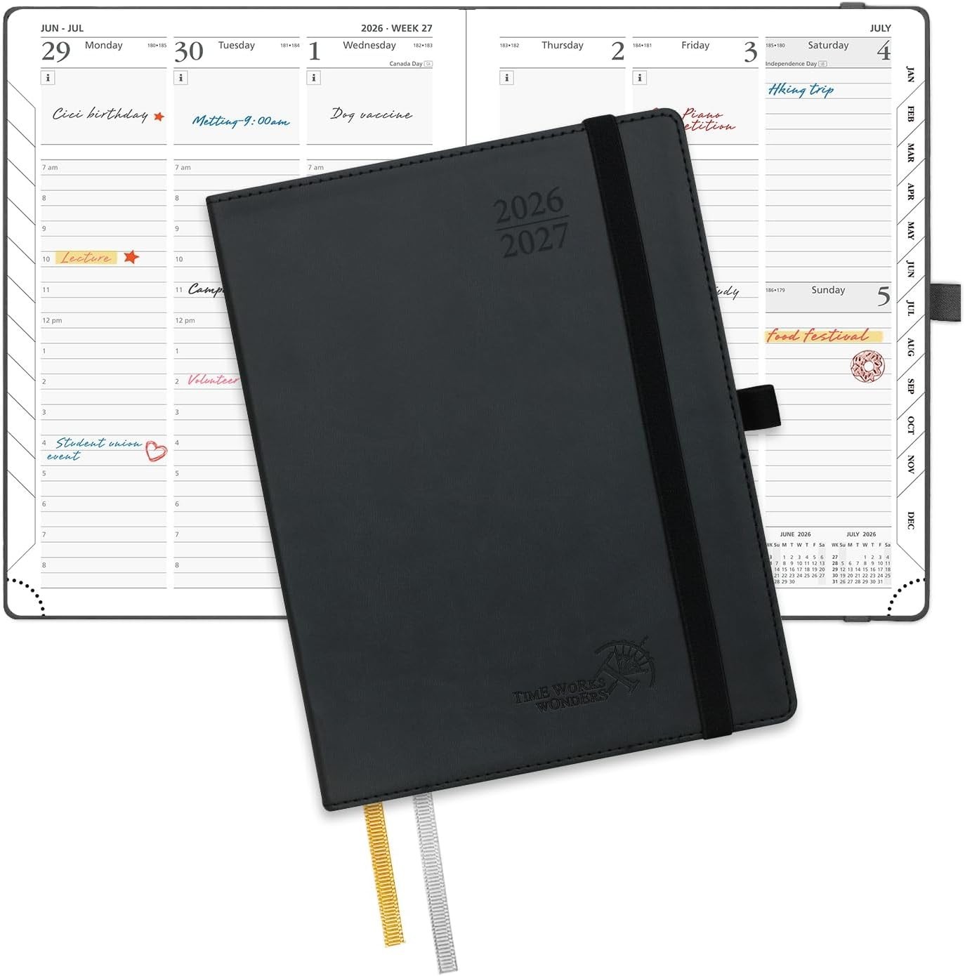 Planner 2026-2027 Leather Soft Cover 6.5 x 8.5 Hourly Academic Organizer Black