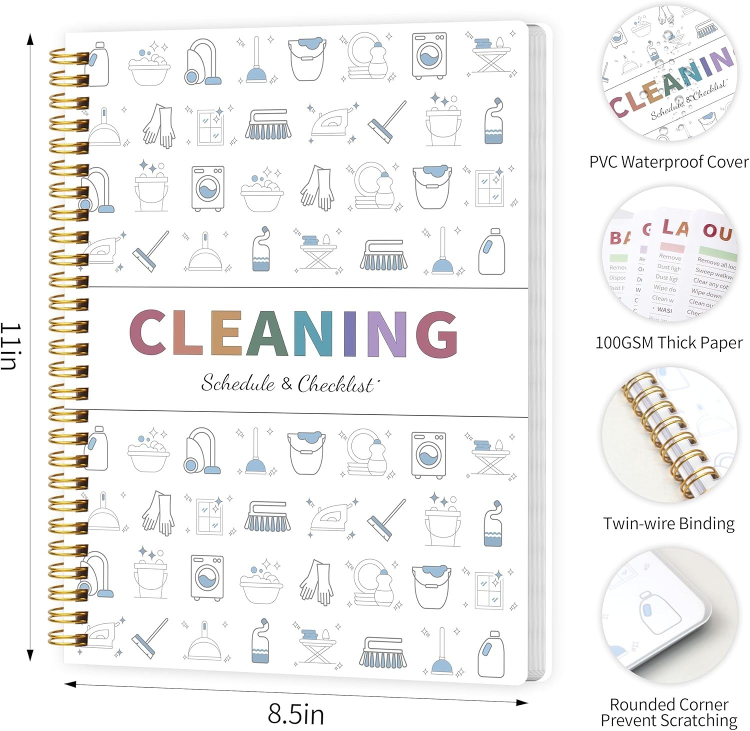 Spiral Bound Cleaning Planner for ADHD Adults Waterproof PVC Cover 8.5 X 11