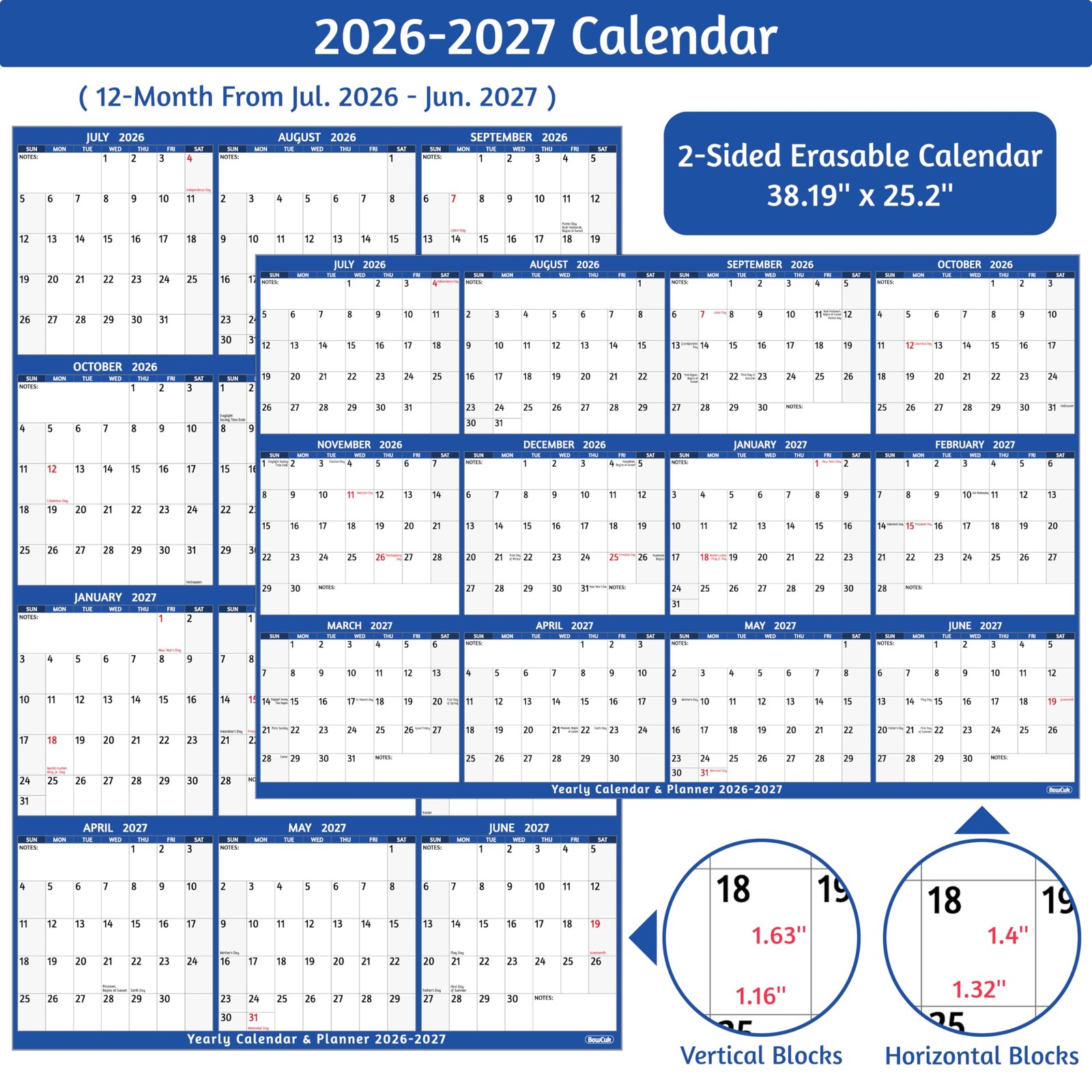 2026-2027 Dry Erase Calendar – Large Yearly Wall calendar, 38.2” x 25.2”,…