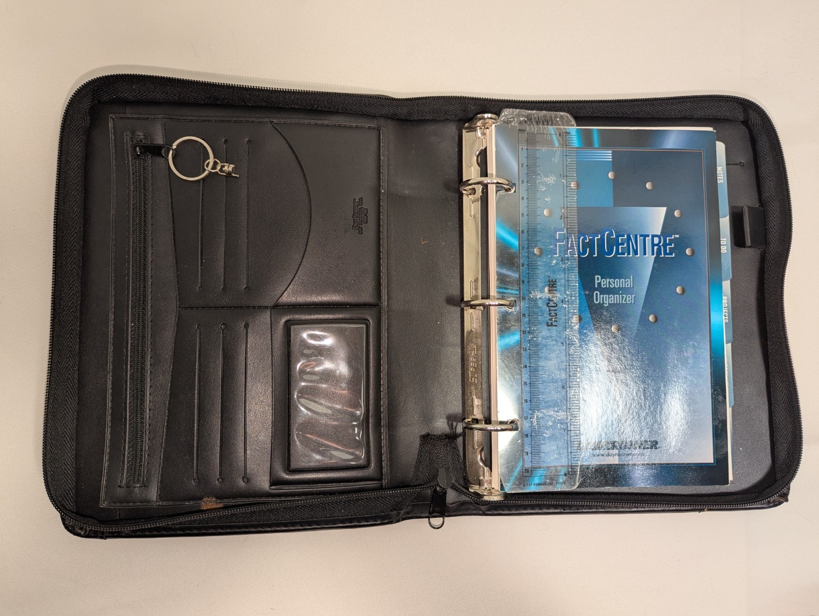 Day Runner Fact Centre Black Faux Leather 3-Ring Zipper Planner, Inserts incl.