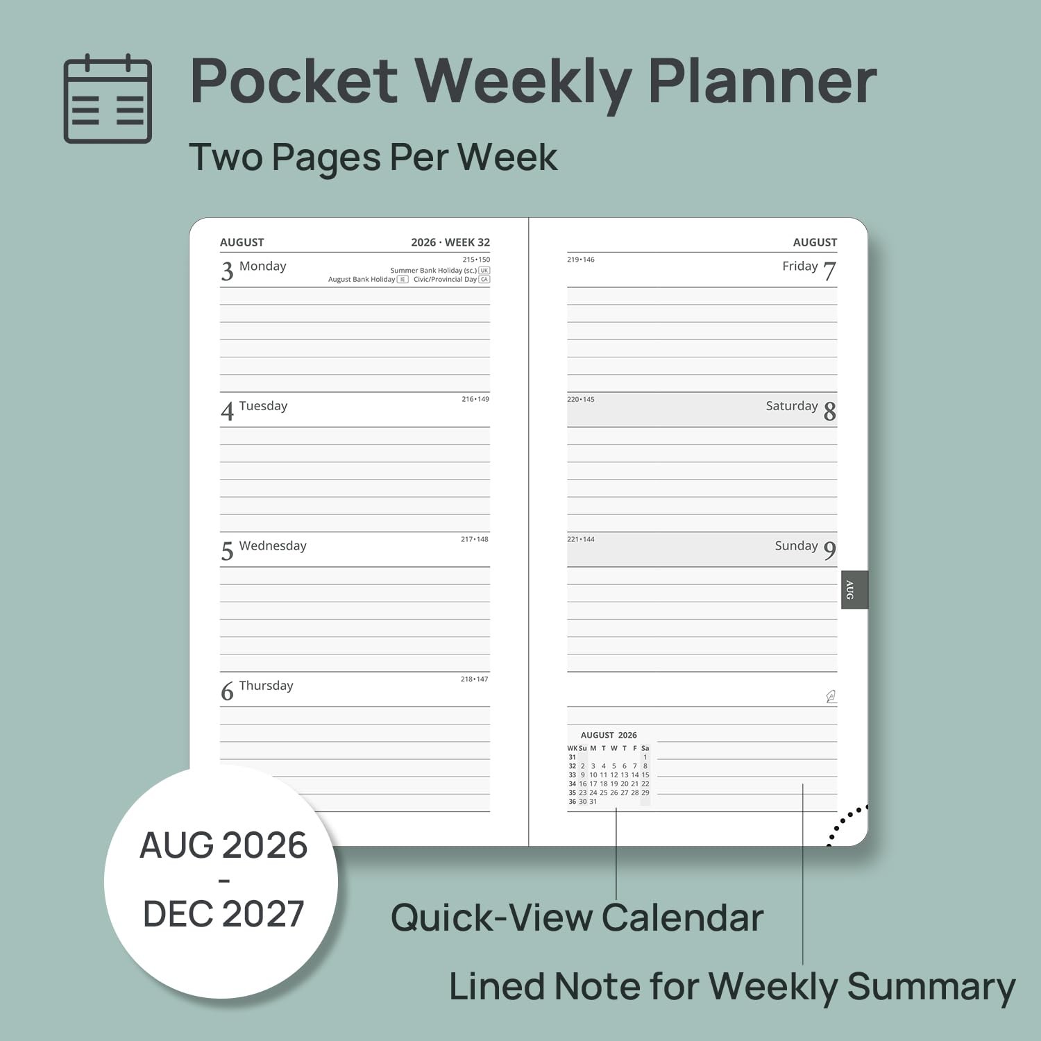 Pocket Planner 2026-2027, Slim Size-3.5″ x 6.5″, 17 Month (Aug 2026 – Dec 202…