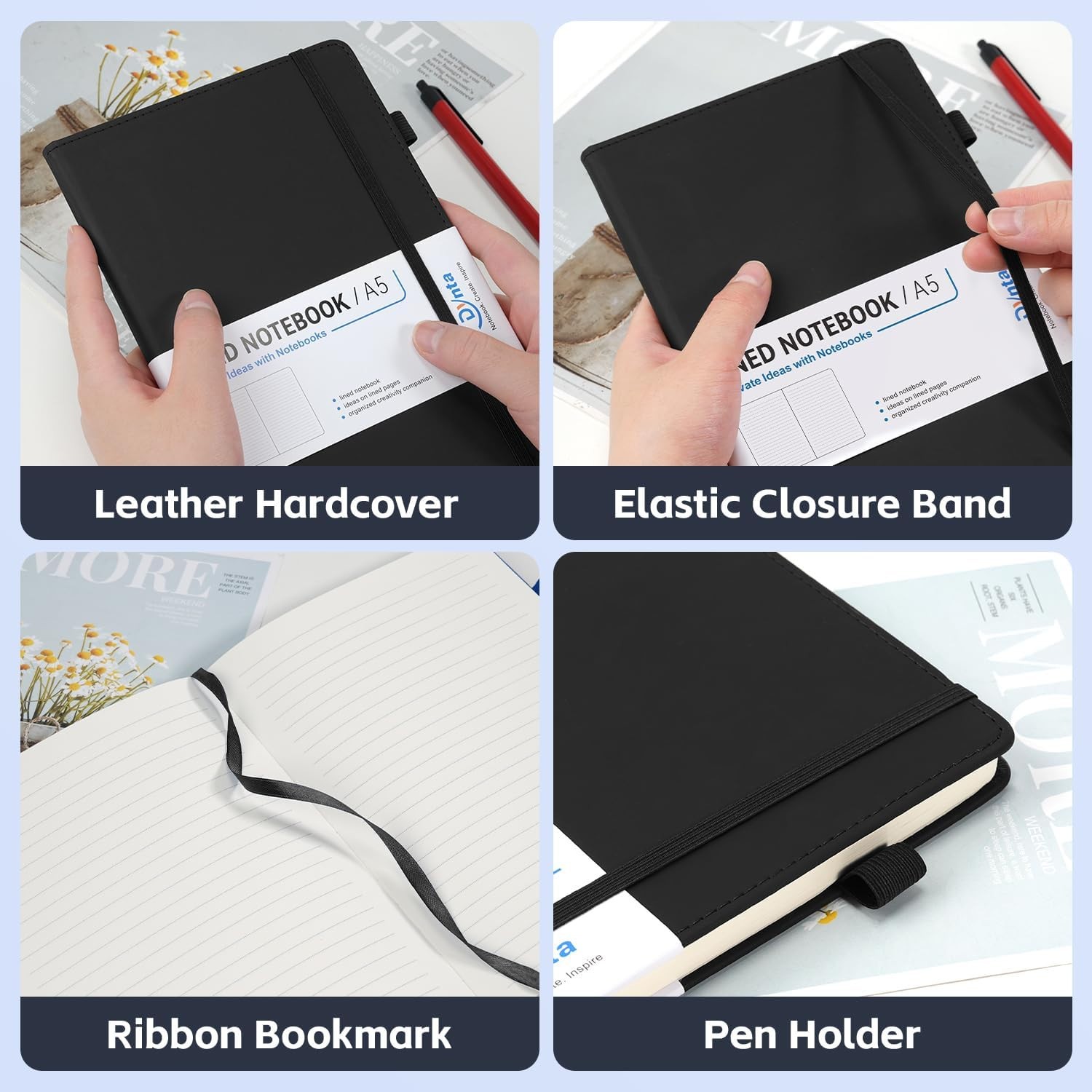 Faux Leather Hardcover Journal Notebook, A5 Lined Journal, 5.8 x 8.4 Inc, Black