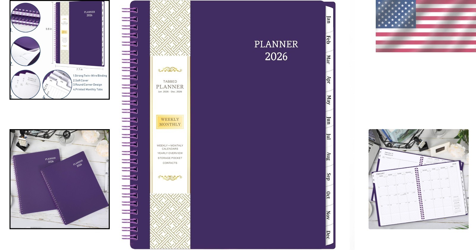 Elegant 2026 Planner with 12 Monthly Tabs – Spiraled & Waterproof Cover