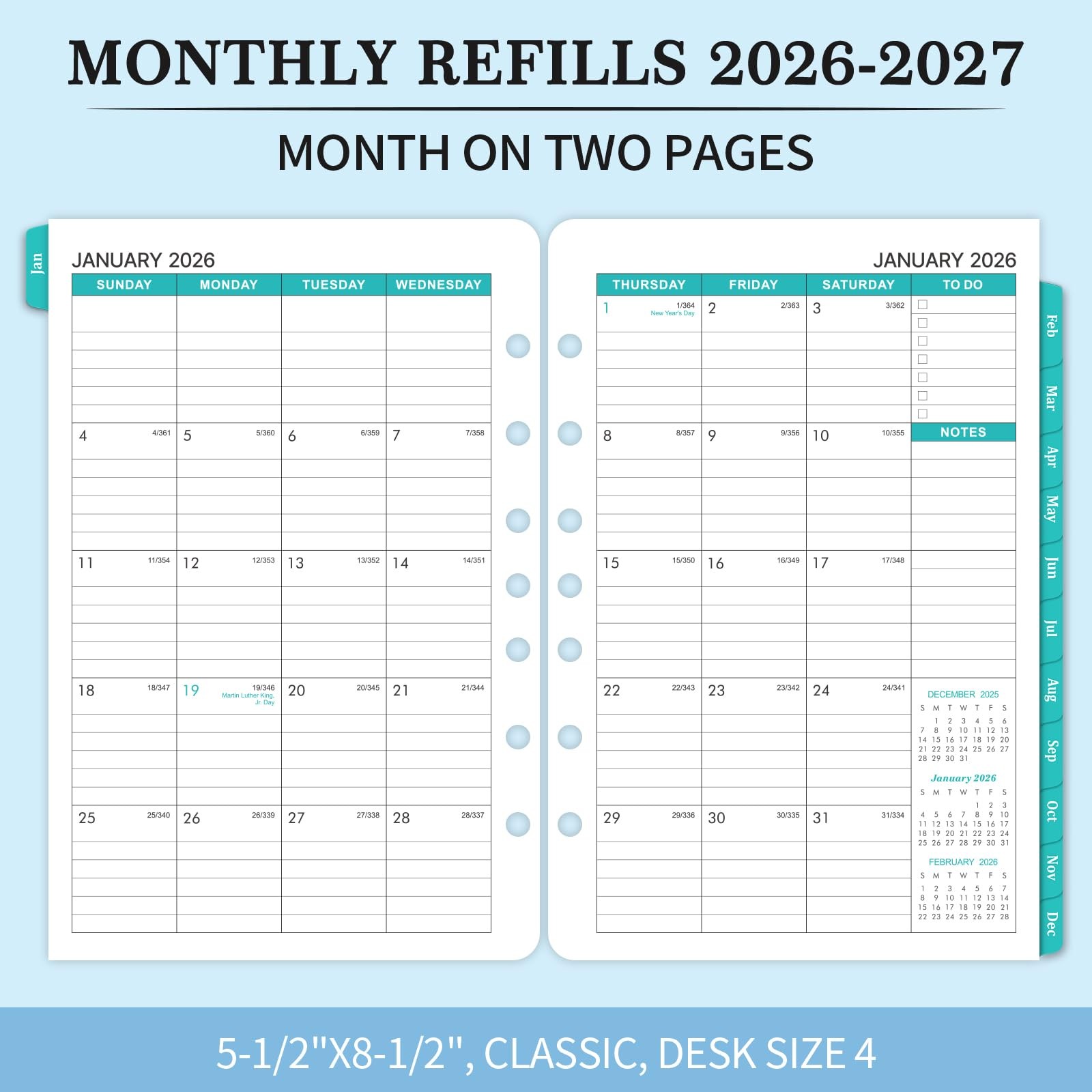 2026-2027 Monthly Planner Refill – Inserts 5-1/2″ x 8-1/2″, black