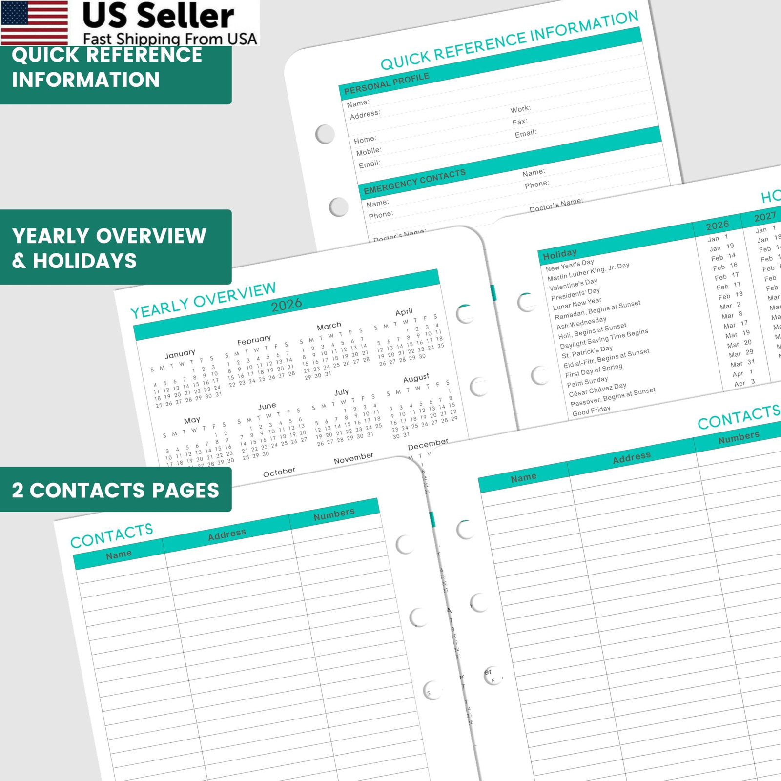 2026-2027 Planner Refills – 7-Hole Punched 5.5″ x 8.5″, Dopamine Color