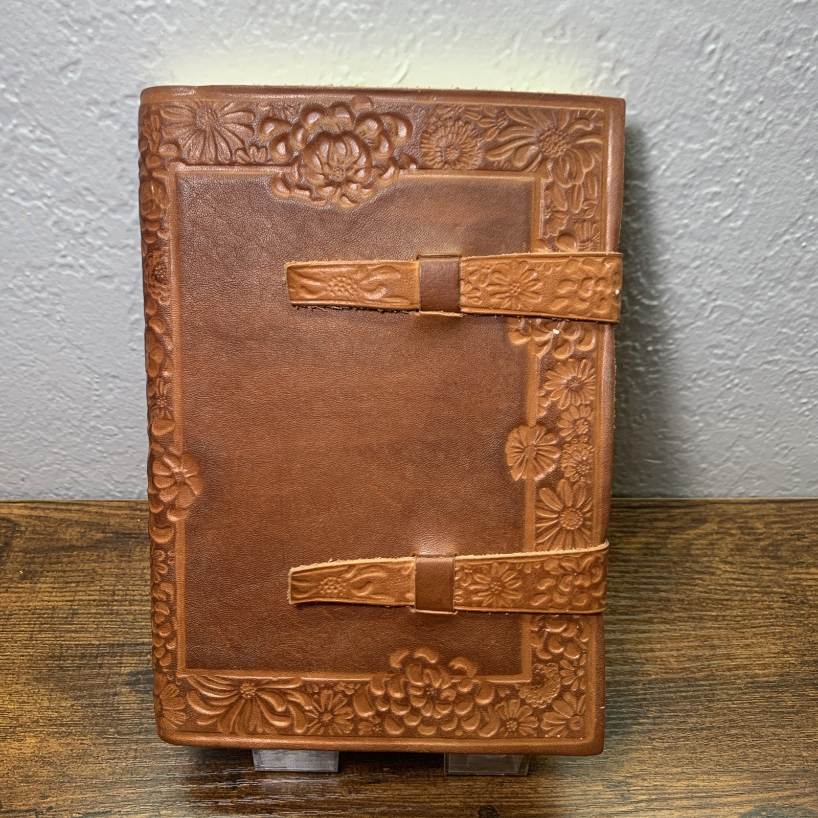 Leather Floral Embossed Journal Notebook with Straps Made in Italy