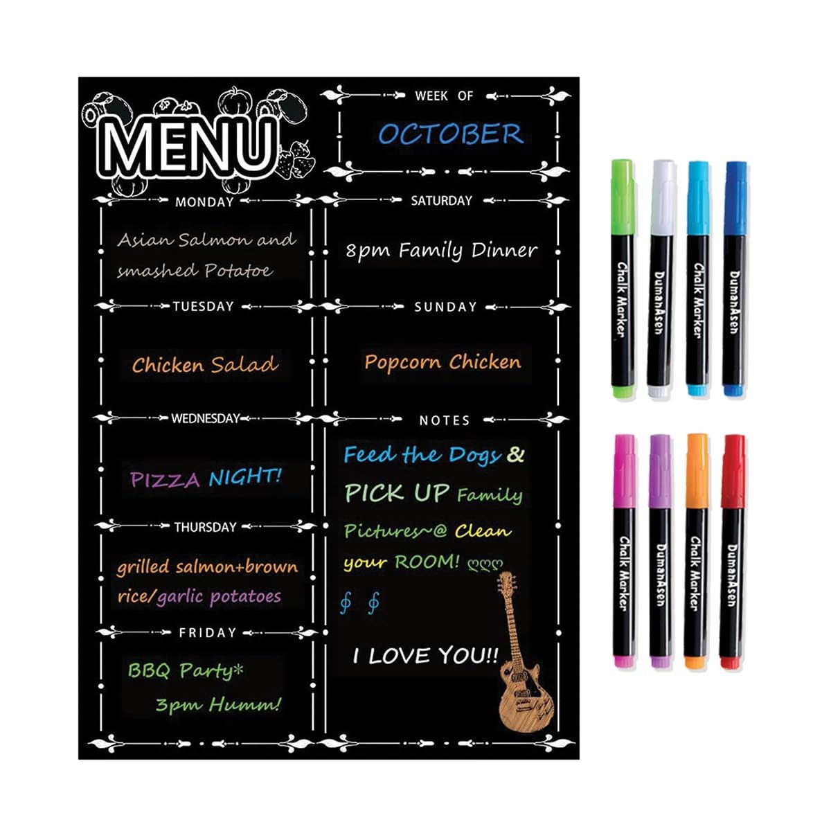 Magnetic Menu Board for Fridge, LiebHome Dry 42cm *30cm, Black – 8 Markers